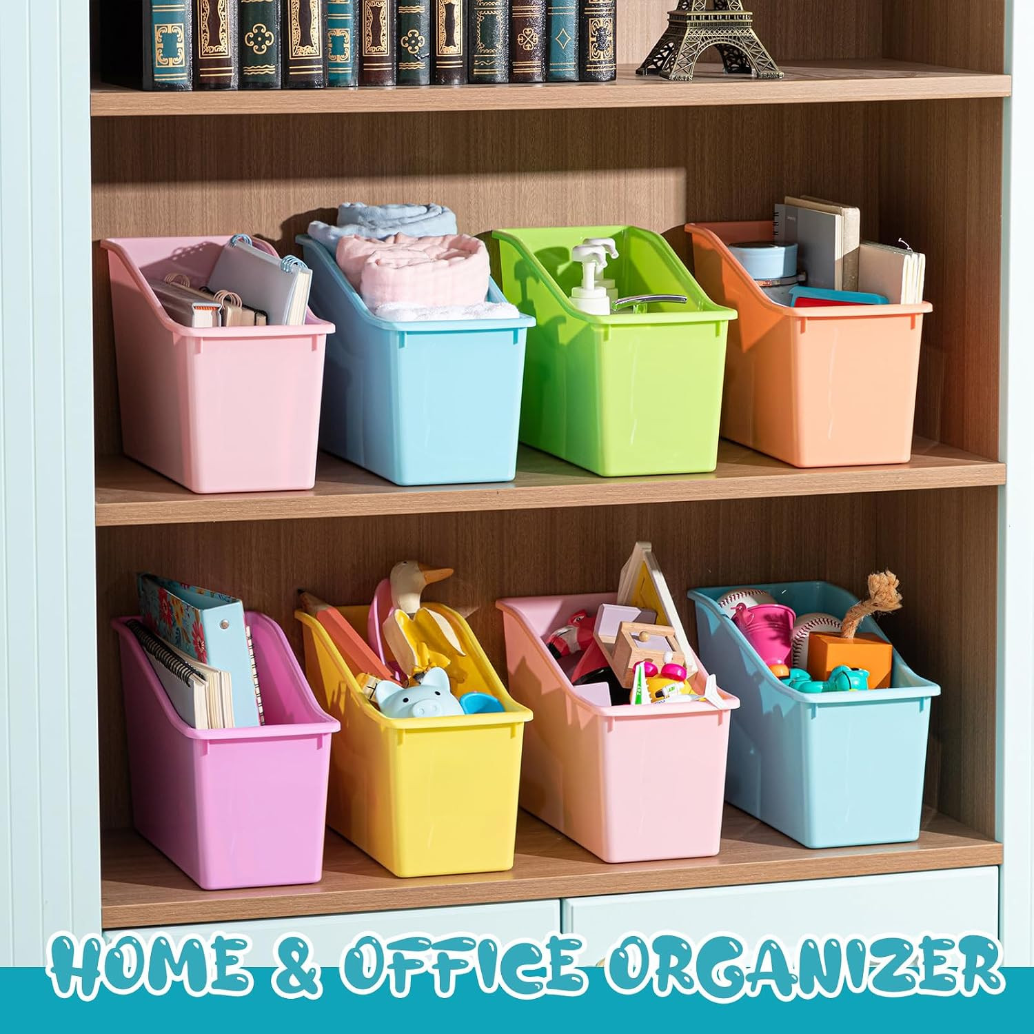 12 Pcs Book Bin for Classroom with Labels Stackable Plastic Organizing Bins 11.5