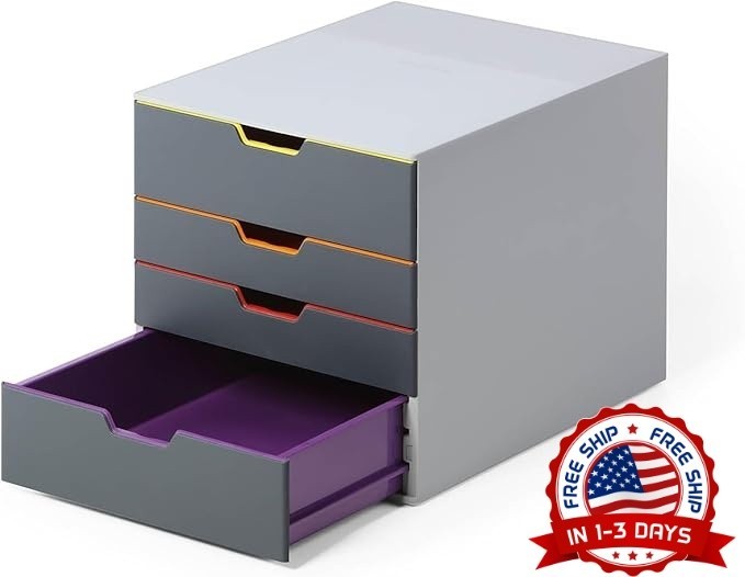Juego de cajones de escritorio grises con 4 cajones codificados por colores NEW