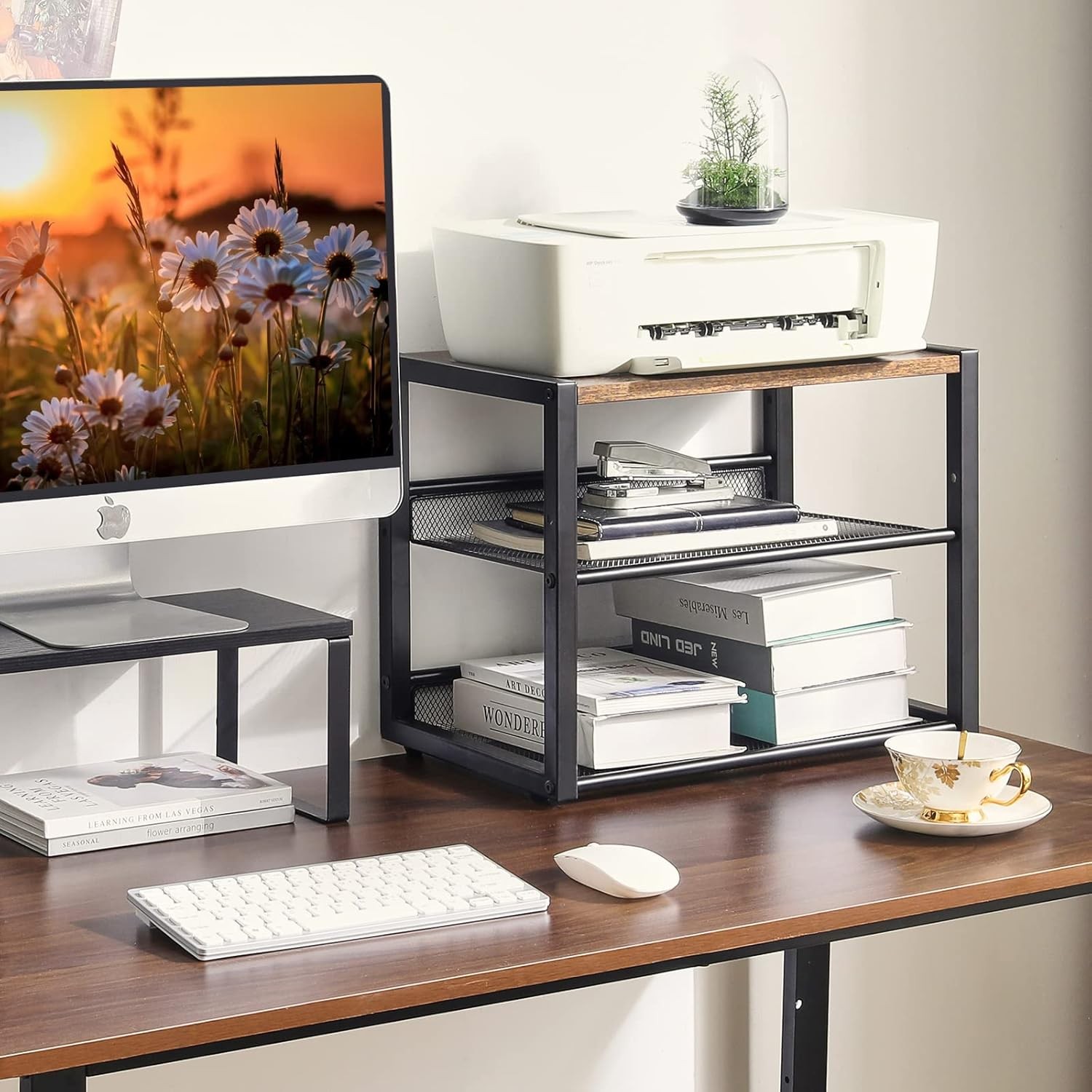 YMYNY Desktop Printer Stand, 3 Tiers Desk Organizer with Rustic Brown