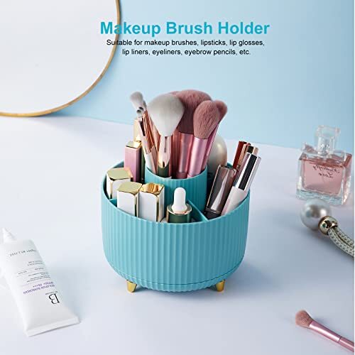 360 Degree Rotation Pen Holder, 5 Slots Office Desk Pen Organizer Multi Blue