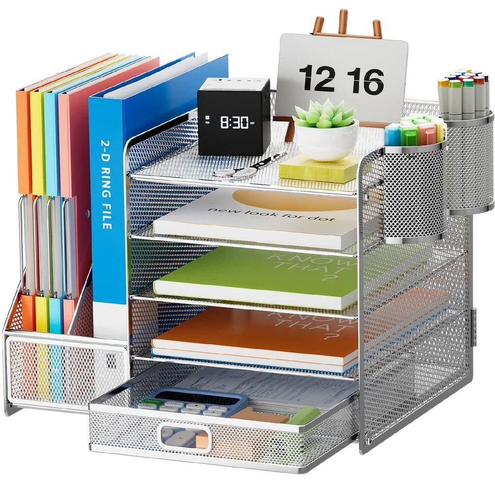 13.77 in X 11.02 in Silver Metal Desk Organizer with File Holder, 5-Tier Tray Or