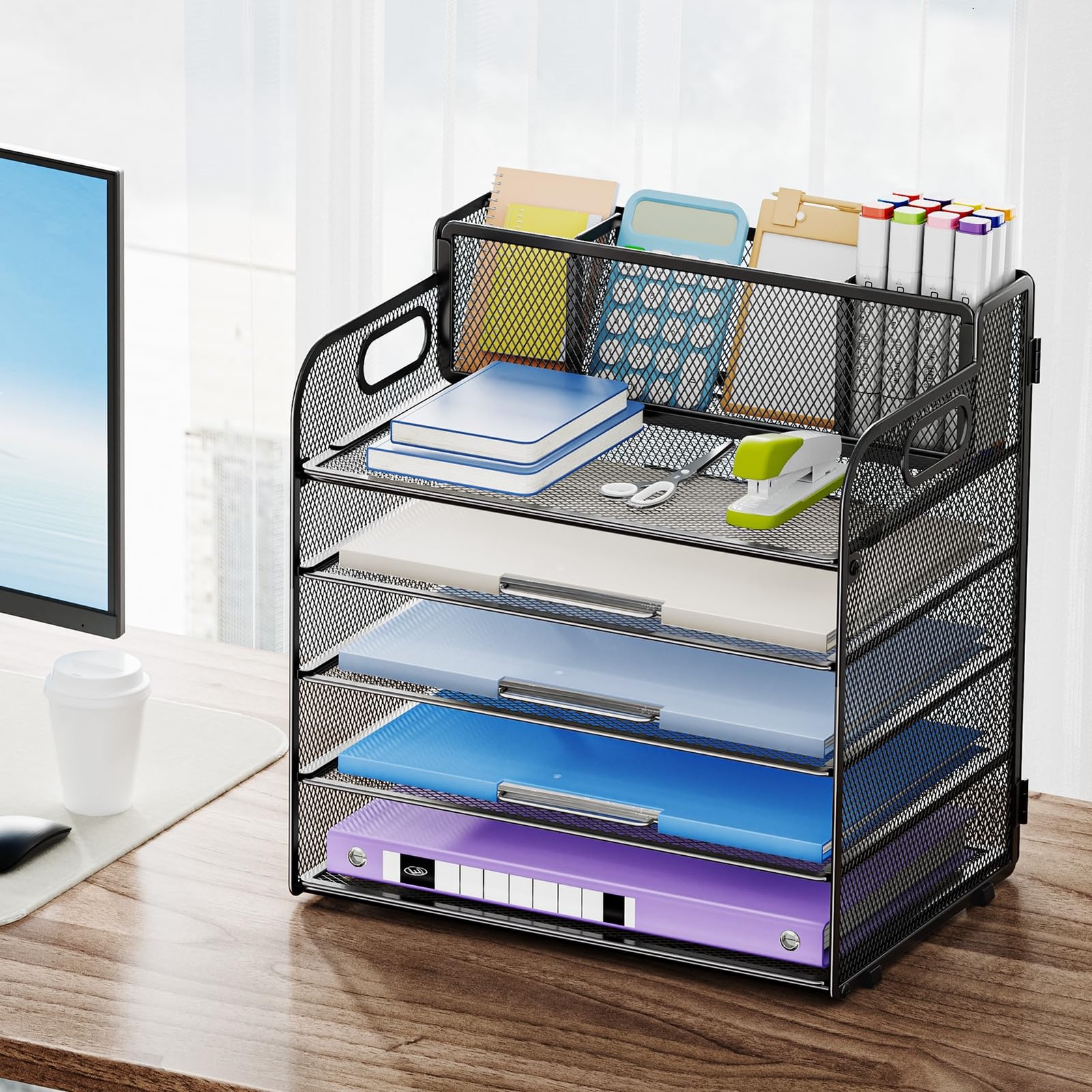 Marbrasse 5 Tier Paper Organizer Letter Tray, Mesh with 3 Pen Holders, Black