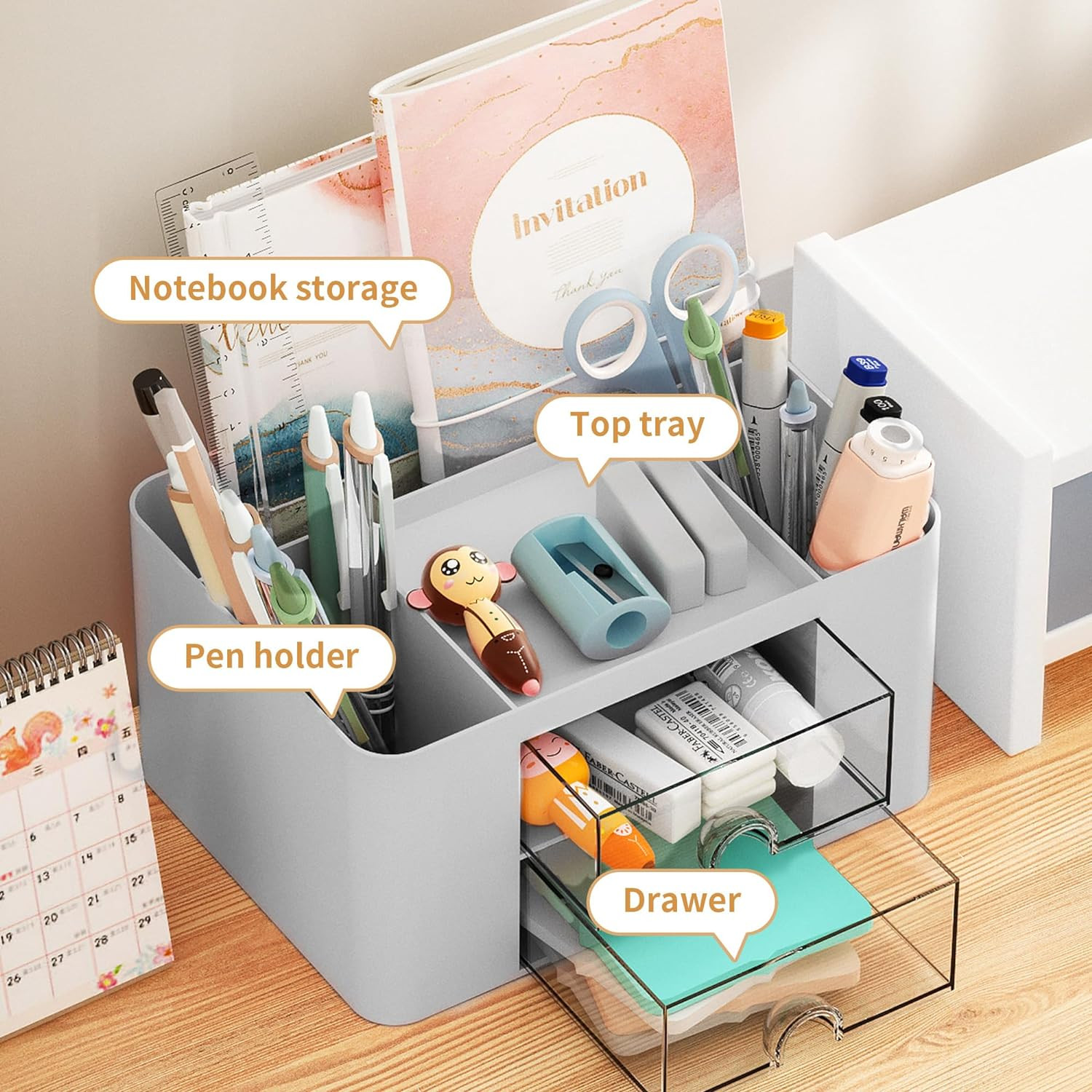Pen Organizer with 2 Drawer, Multi-Functional Pencil Holder for Desk, Desk Organ
