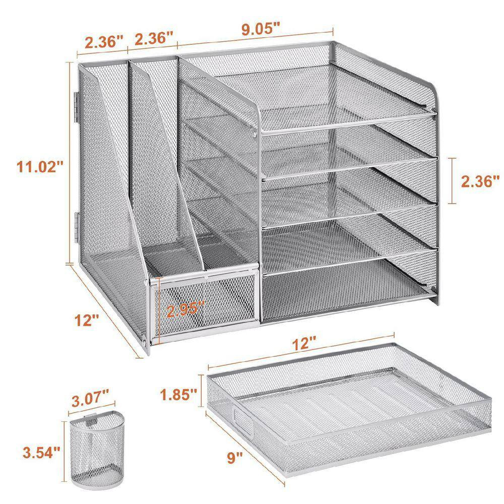13.77 in X 11.02 in Silver Metal Desk Organizer with File Holder, 5-Tier Tray Or