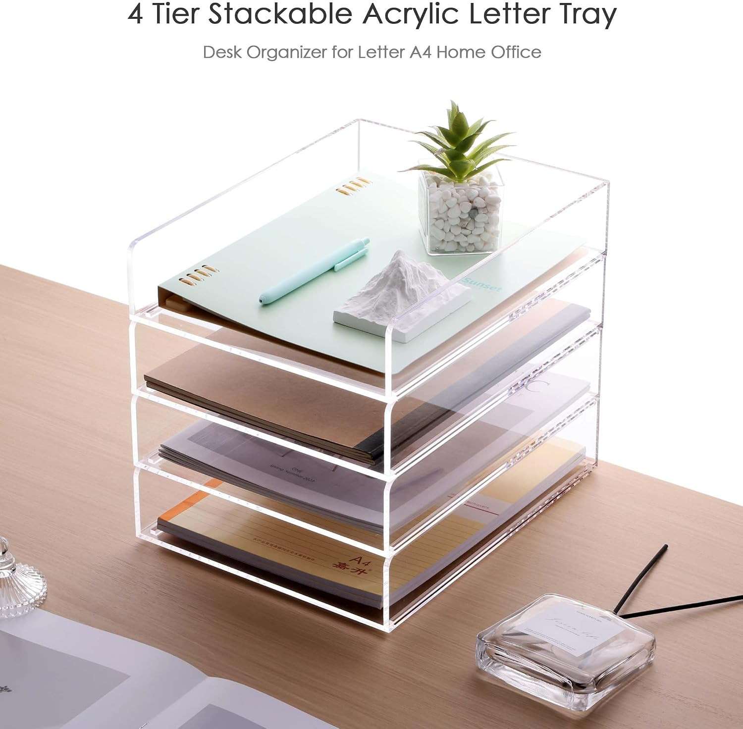 SANRUI 4 Tier Stackable Acrylic Letter Tray, 5mm Thick Clear Desk File Organizer