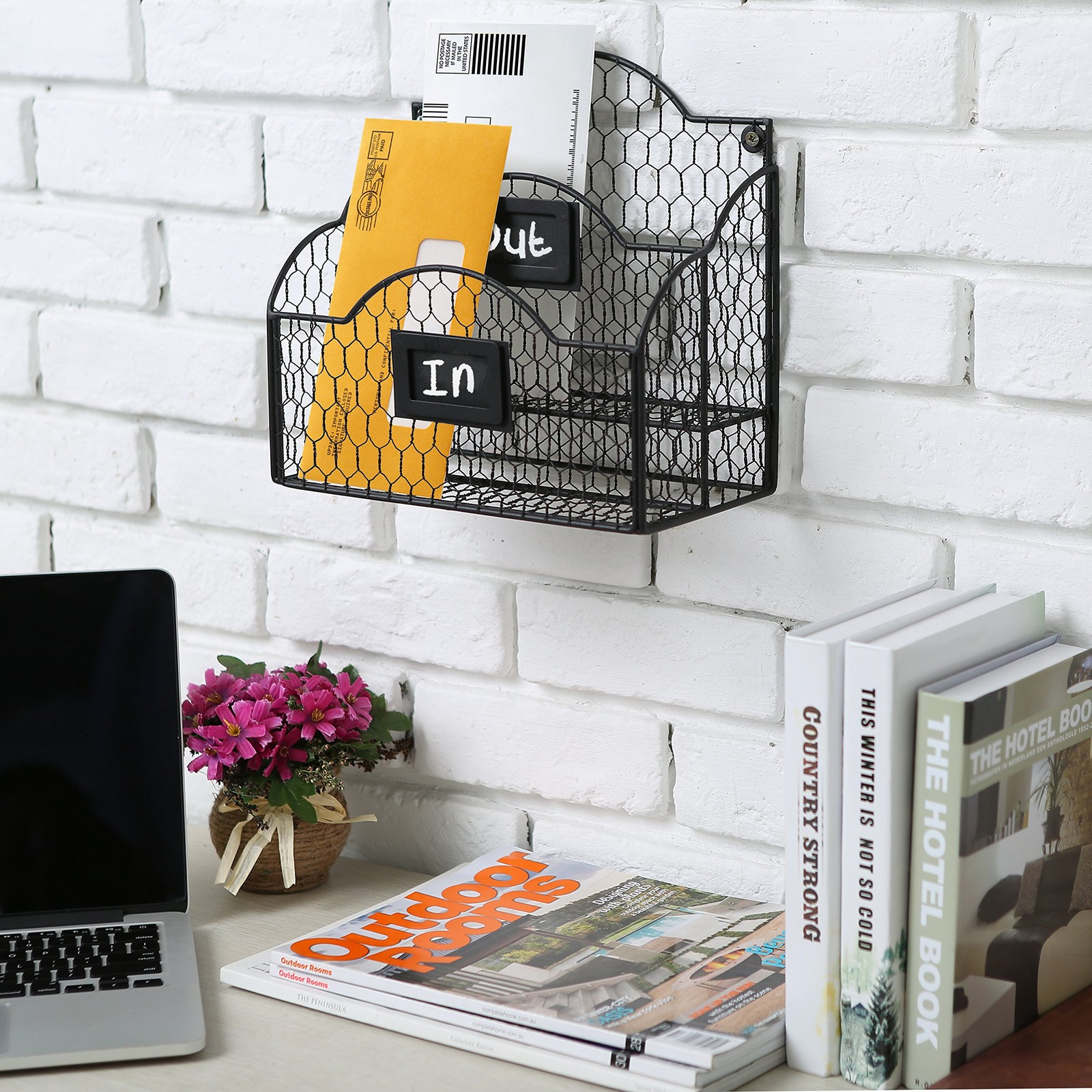 MyGift Metal Wire Basket Desk Organizer, 2 Compartment Size Pillow-380, black