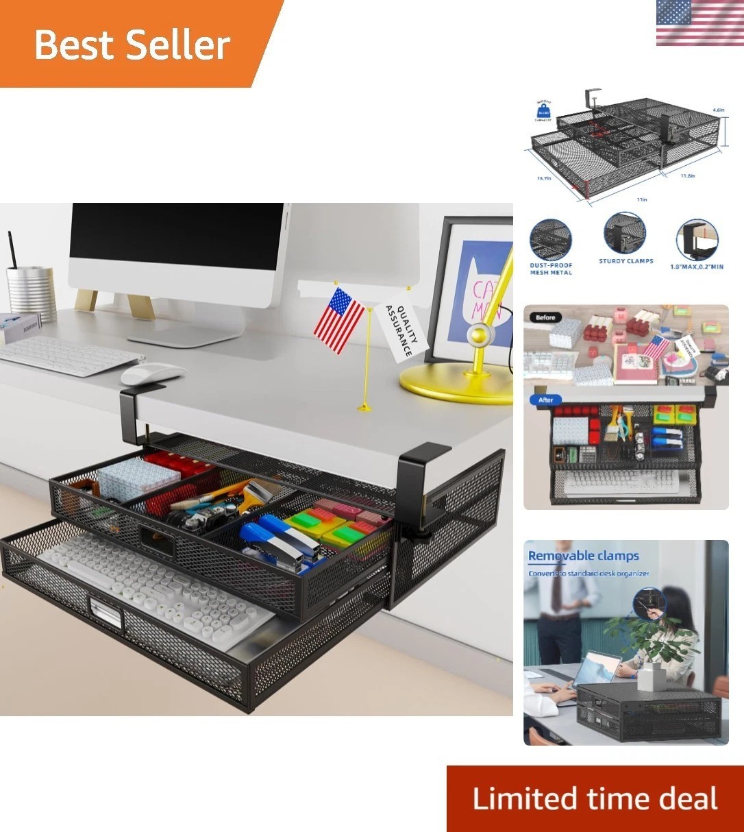 Extra Large Under Desk Drawer Organizer – 2 Compartment Sliding Storage Solution