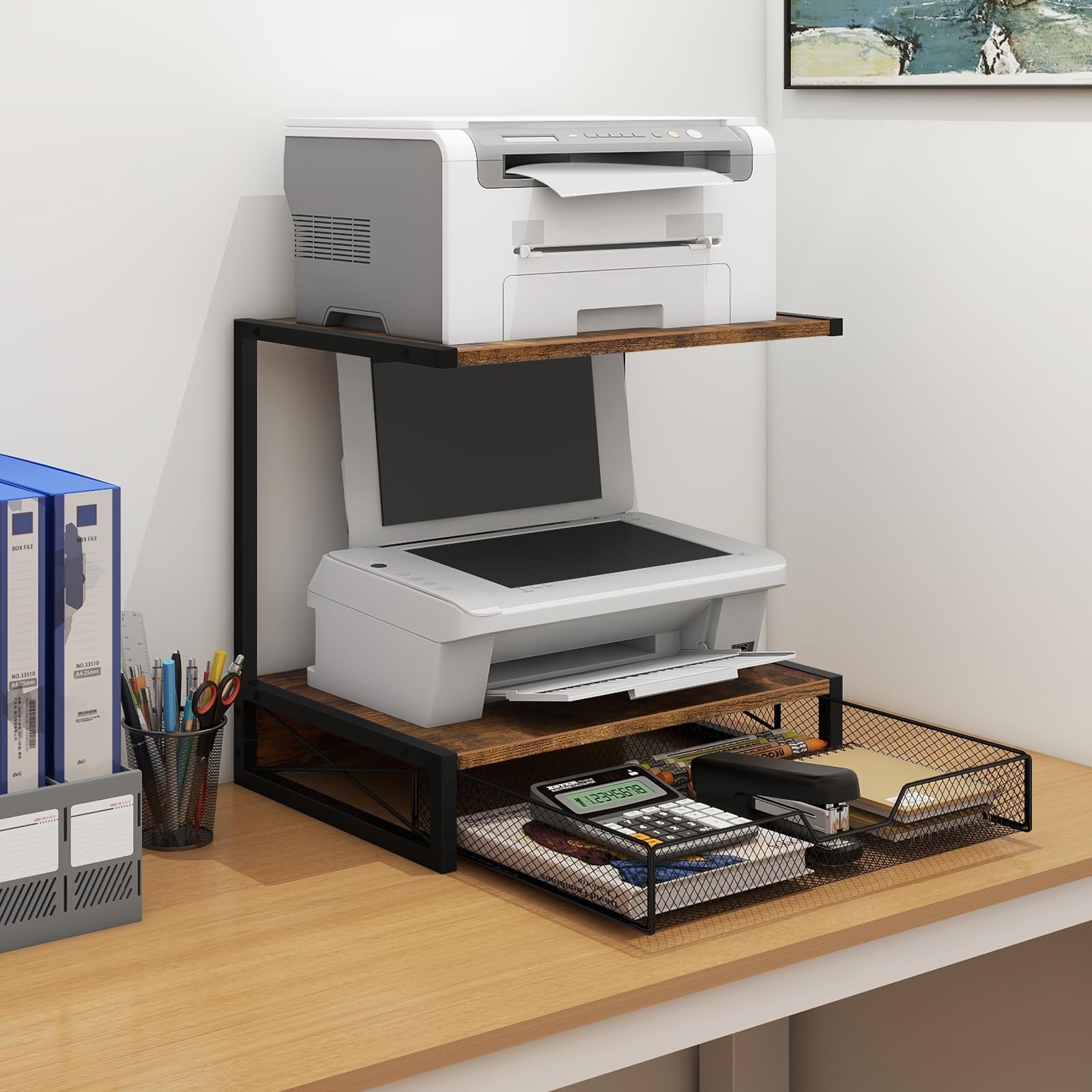 ELITEROO 2-Tier Desktop Printer Stand with Storage Rustic Brown Drawer