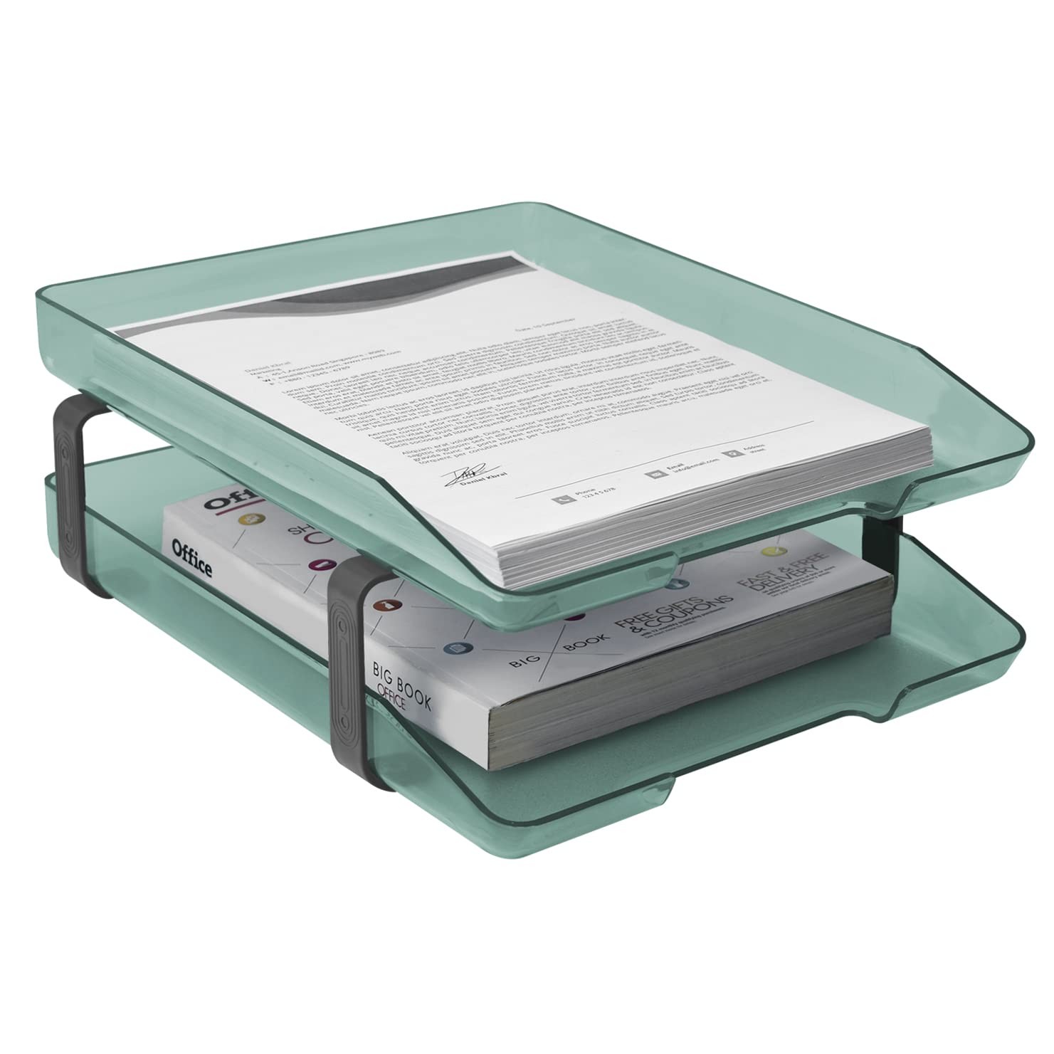 2 Tier Letter Tray Front Load Design A4 Size Desktop Organizer Clear Green