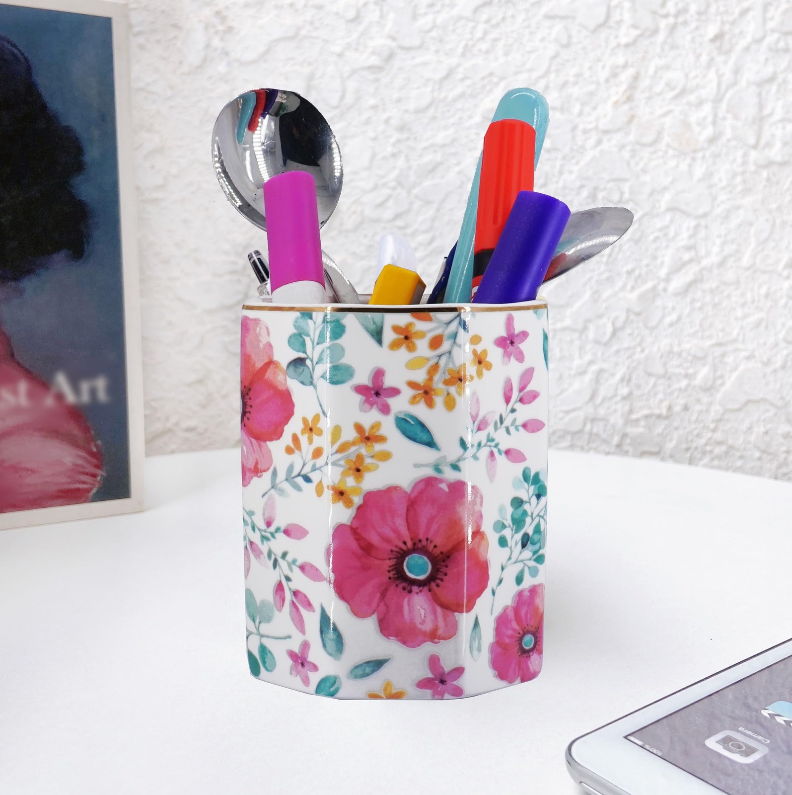 LEAZUL Pen Holder, Makeup Brush Holder Ceramic Shiny Gold Spring Purple Red