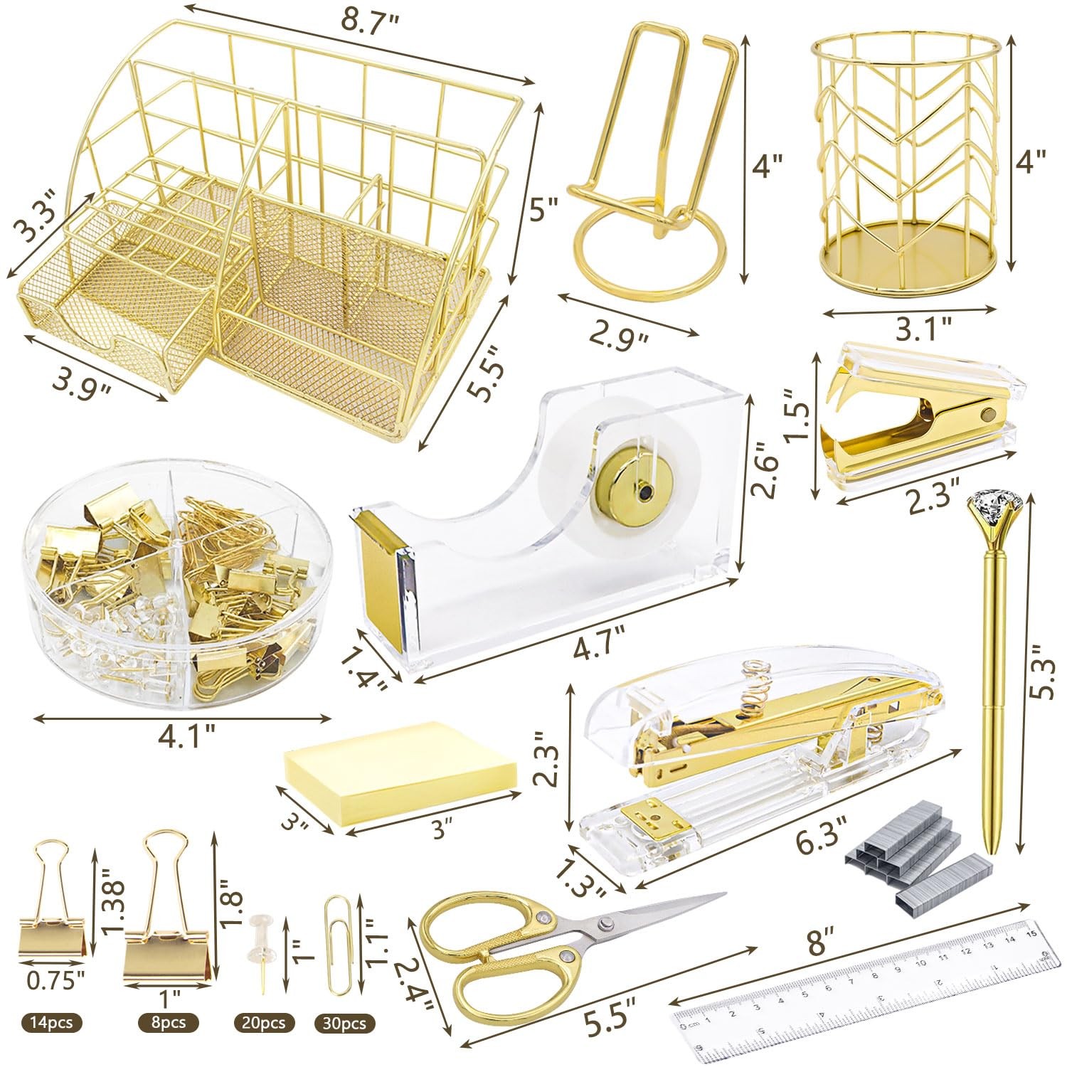 Office Desk Organizers, Gold 13PCS Office Supplies and Accessories Desk Organ…