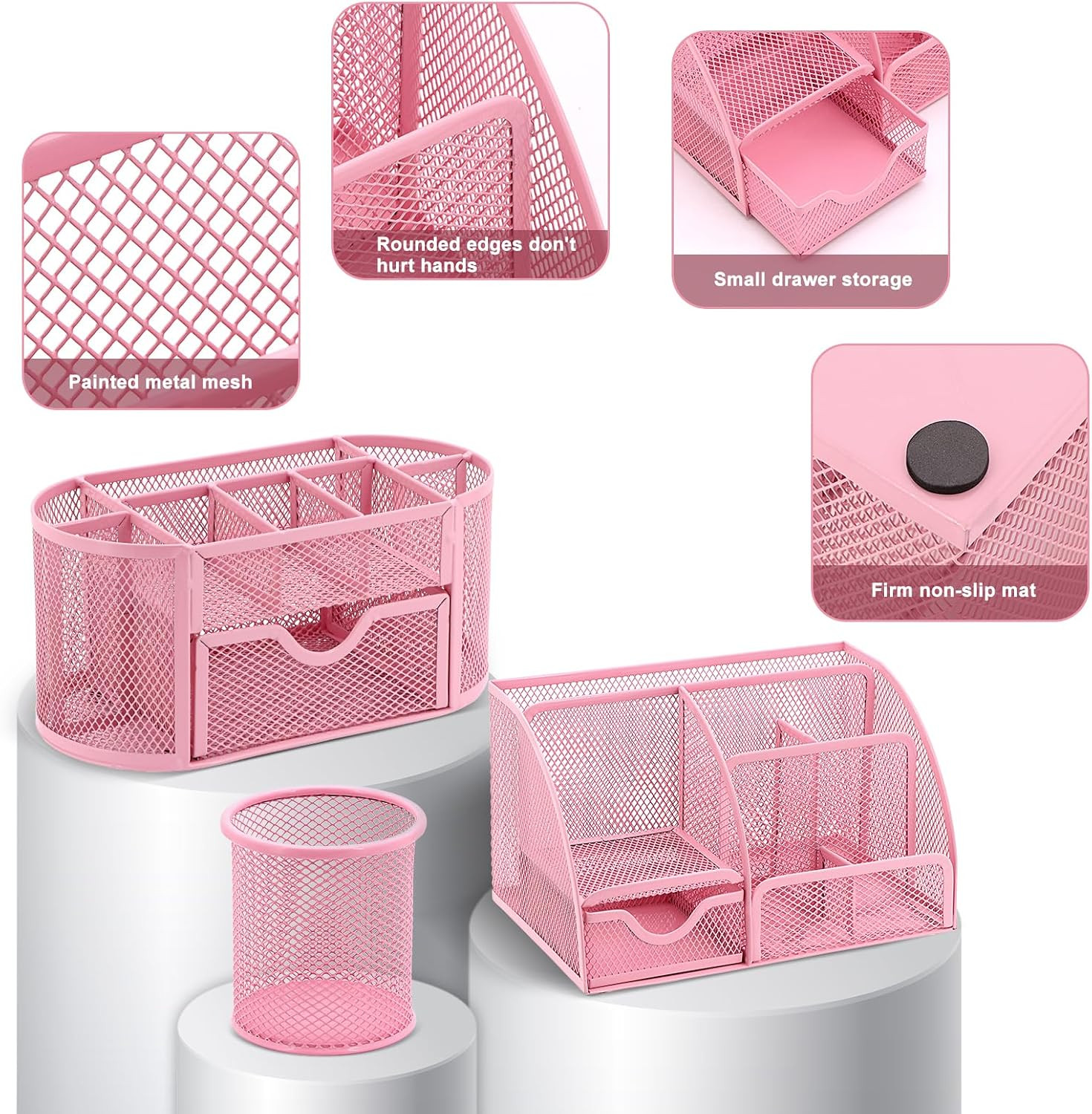 17 in 1 Pink Desk Organizers and Accessories Set, 3 Office Desk Supplies Storage