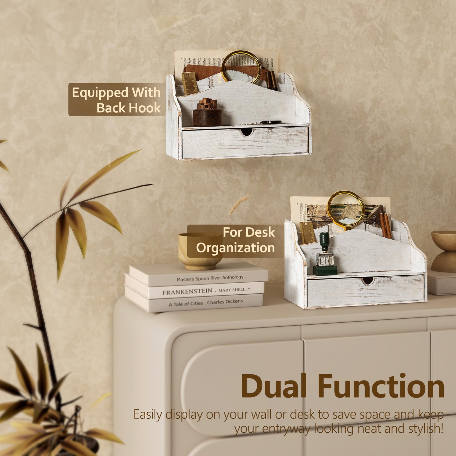 Pine Wooden Mail Organizer for Desk – Retro Farmhouse Holder A-Whitewash