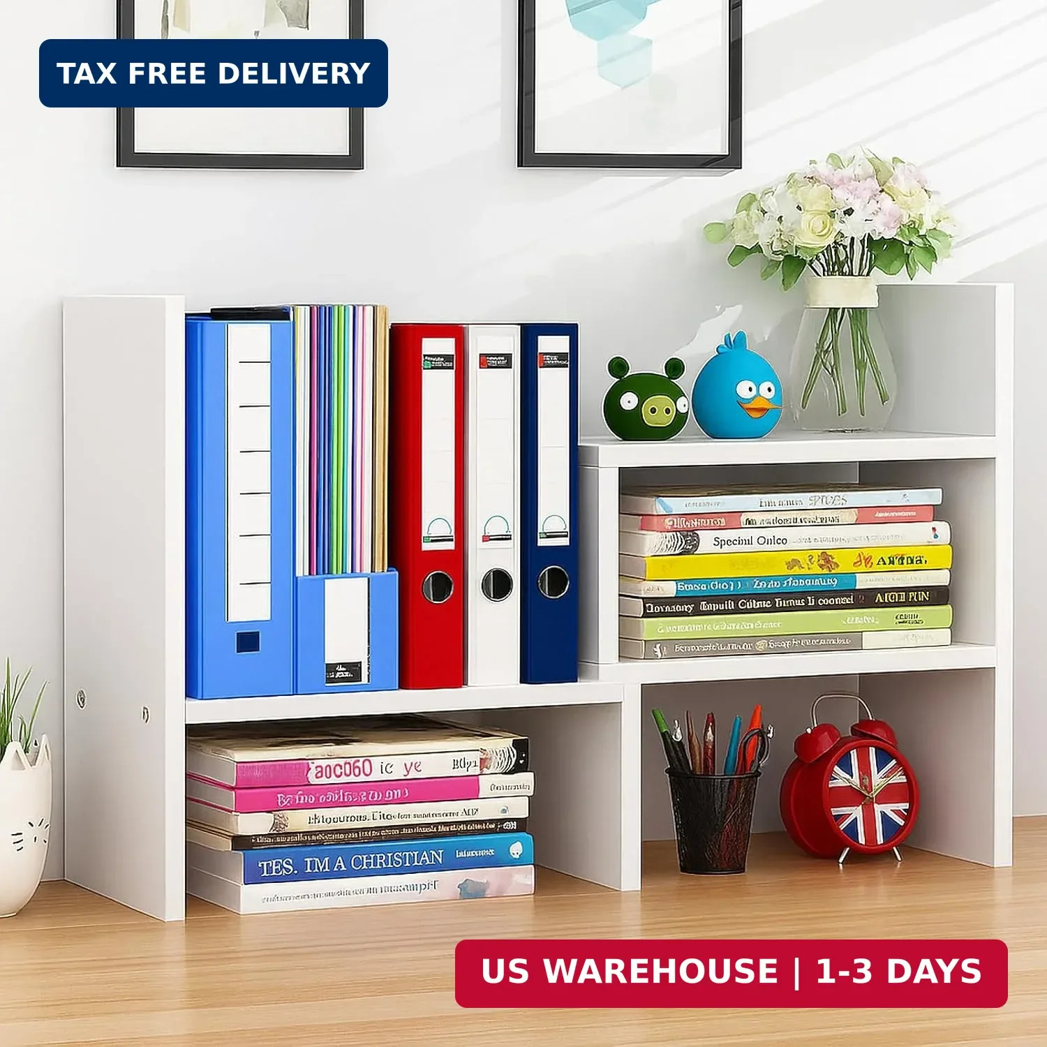 Desktop Shelf Organizer, Adjustable Wood Office Storage Rack, Counter Display Sm