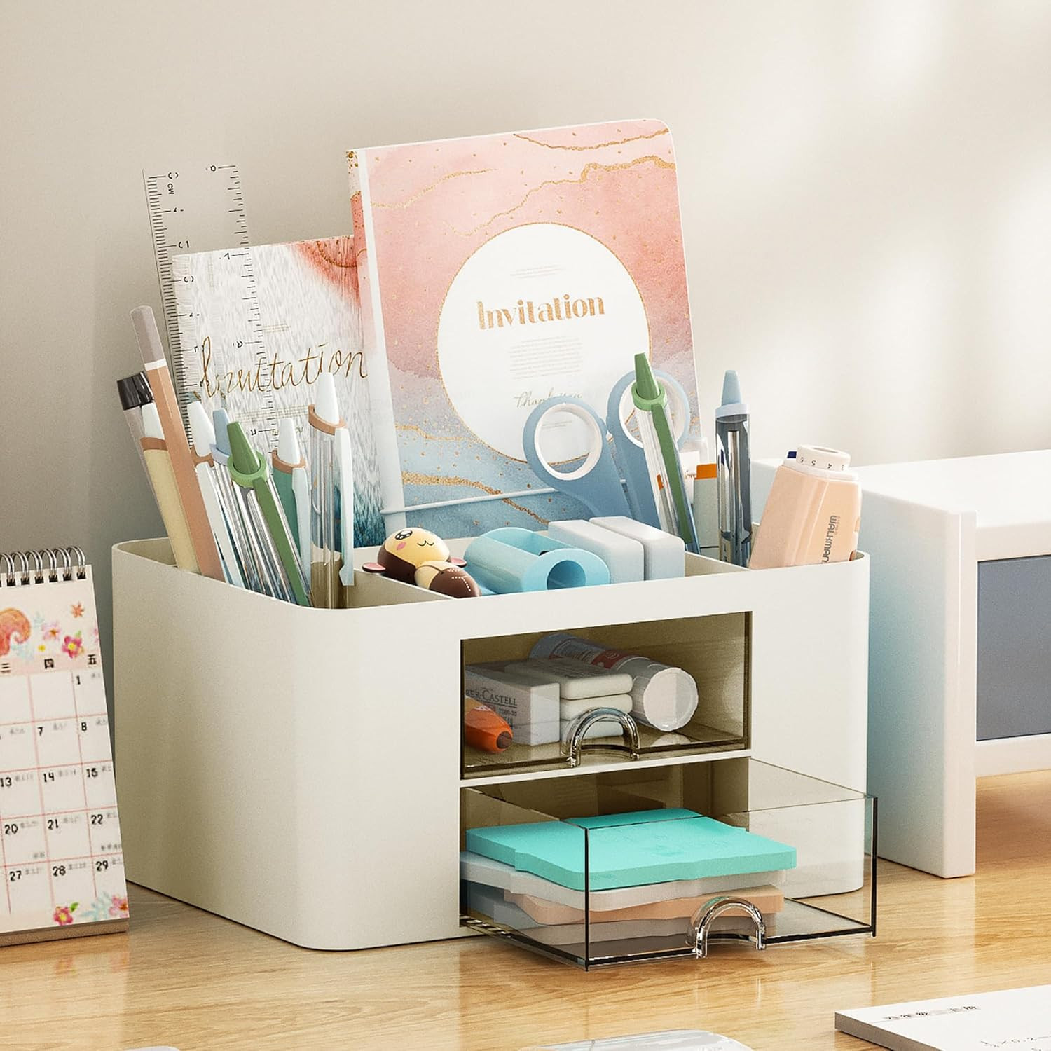 Pen Organizer with 2 Drawer, Multi-Functional Pencil Holder for Desk, Desk Organ