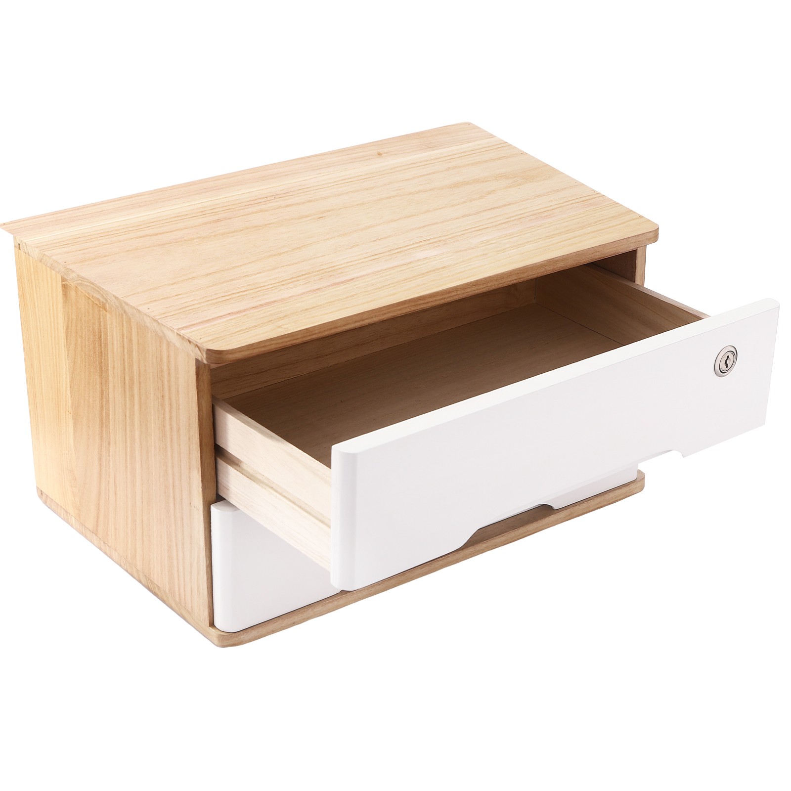 2 Tier Desktop Organizer with 2 Lockable Drawers Wooden Desk Storage Box