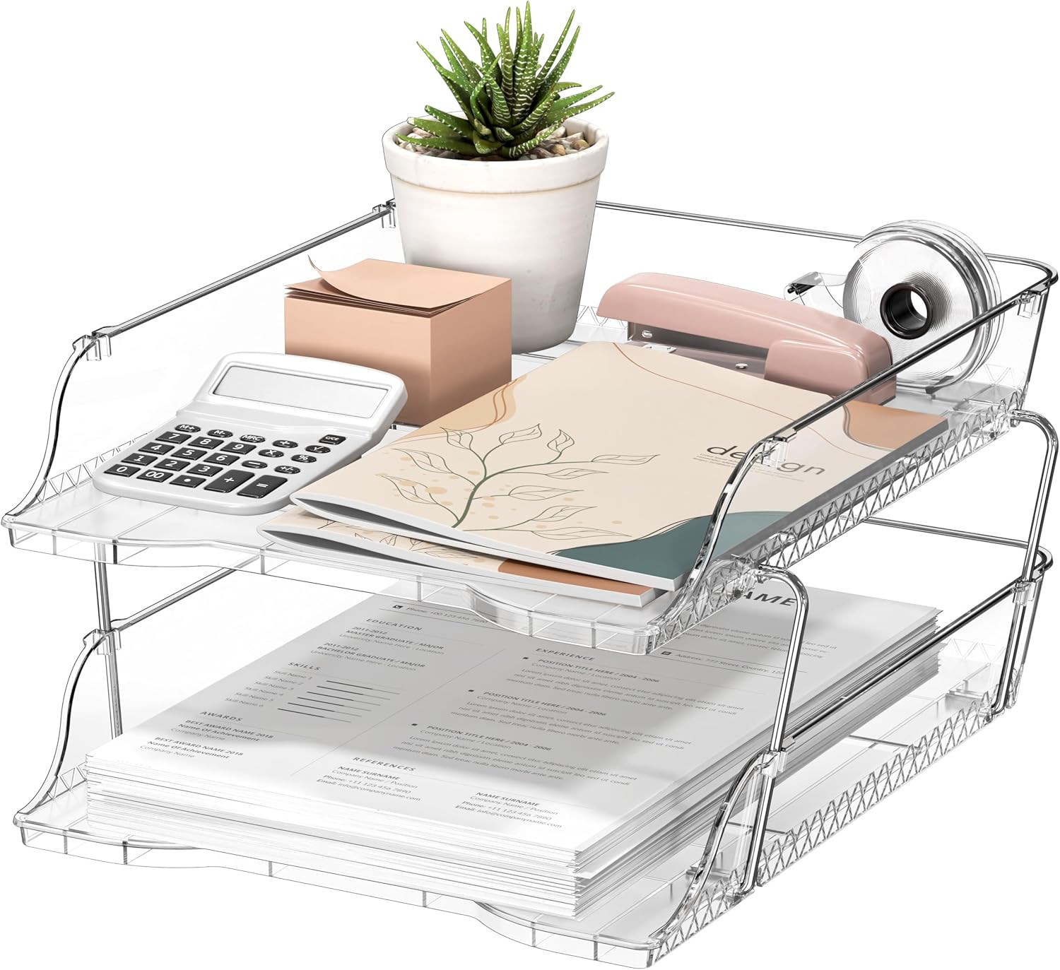 Simple Houseware 2-Tier Clear Stackable Letter Tray Organizer – Desktop File Hol