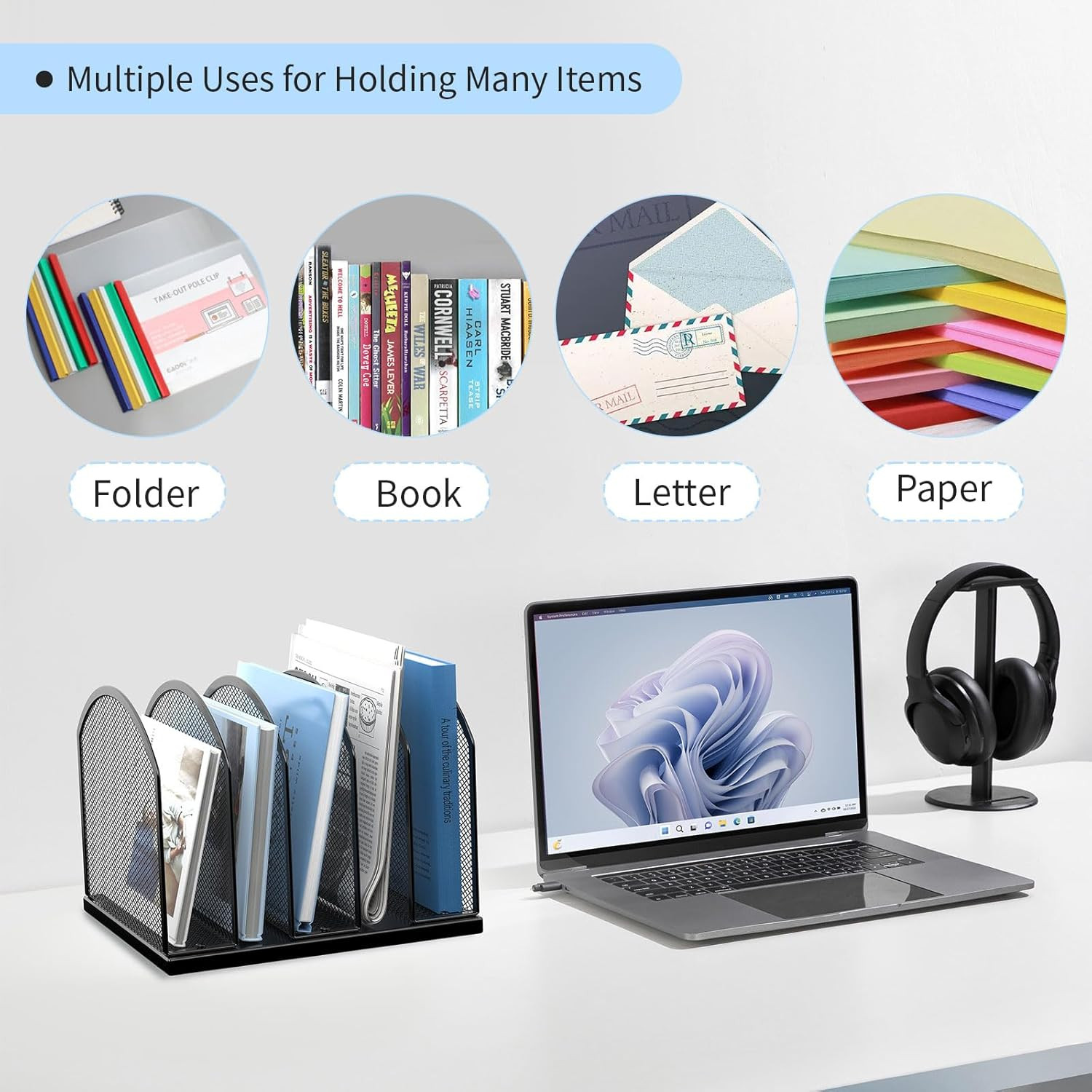 5-Section Vertical Desktop Organizer, 5-Section Mesh File Folder Stand Sorter fo