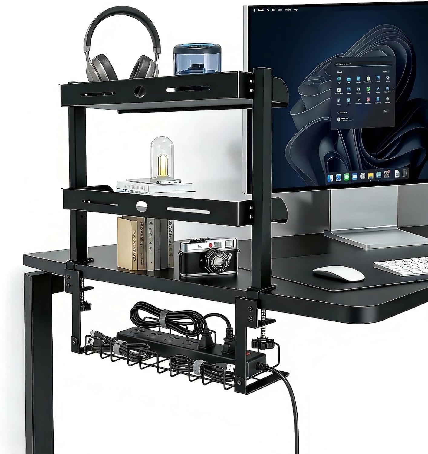 Clamp On Desk Shelf, 17” 2-Tier Desktop Organizer Shelf with Under-Desk Hidden
