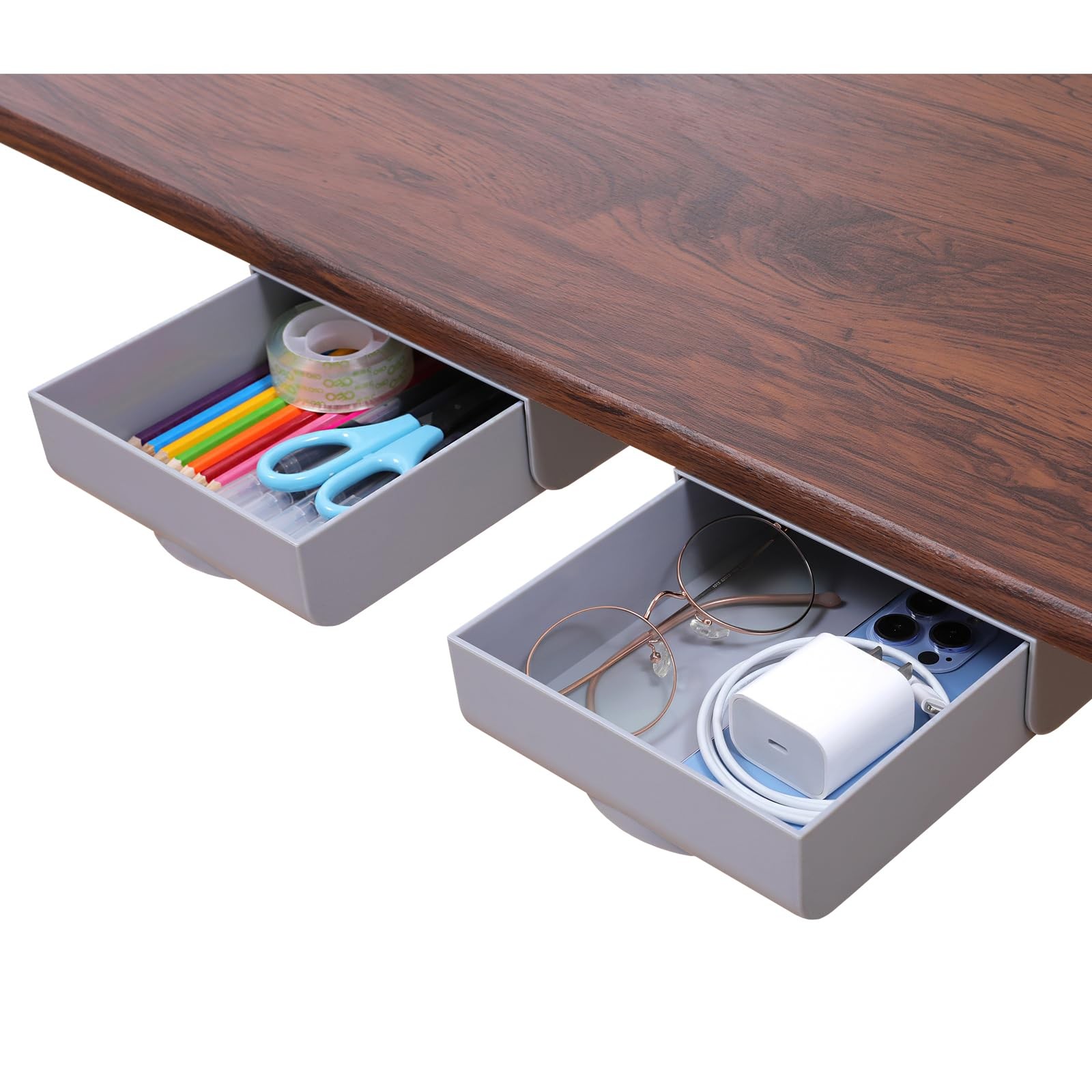 2 PCS Under Desk Drawer Self Adhesive Storage Organizer Hidden Slide Out Gray