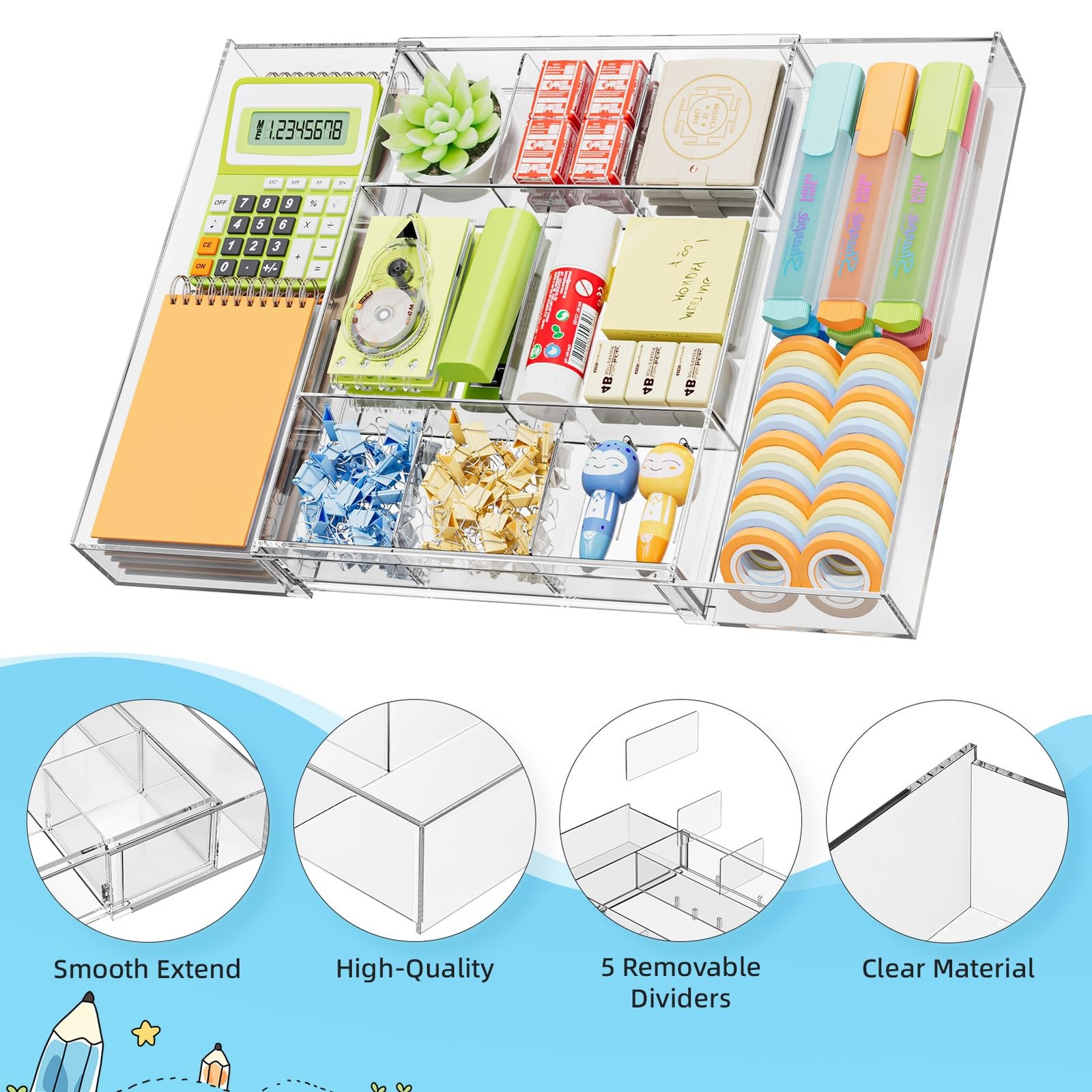 Expandable Desk Drawer Organizer, Clear Plastic Drawer Organizer Tray with 10 Ad