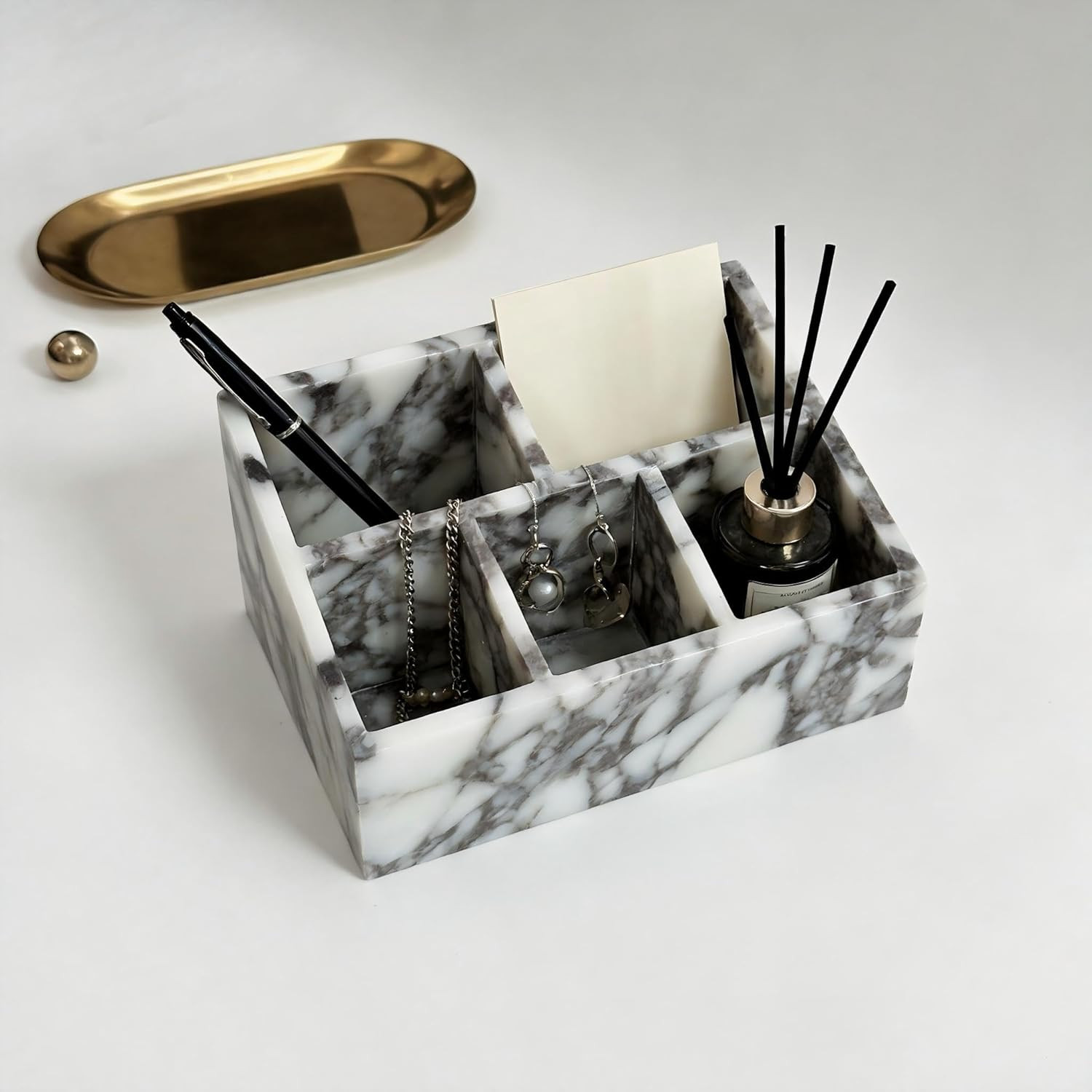 Elegant Marble Desk Organizer with 2 Compartments for Office & Makeup Storage