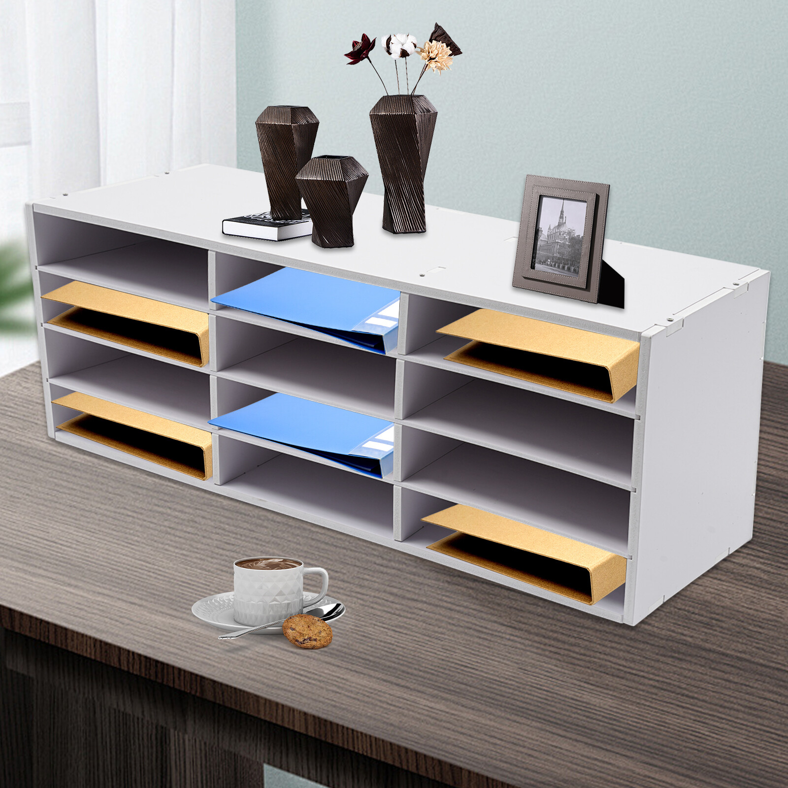 Desktop Bill Paper Organizer Freestanding Tiered Shelf f/ Office Home School PVC