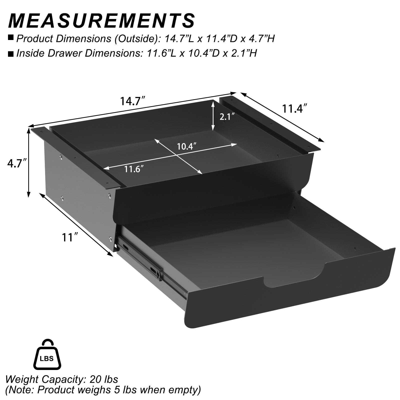 Under Desk Mounted Sliding Double Layer Drawer with Tilt Panel to Pull Black