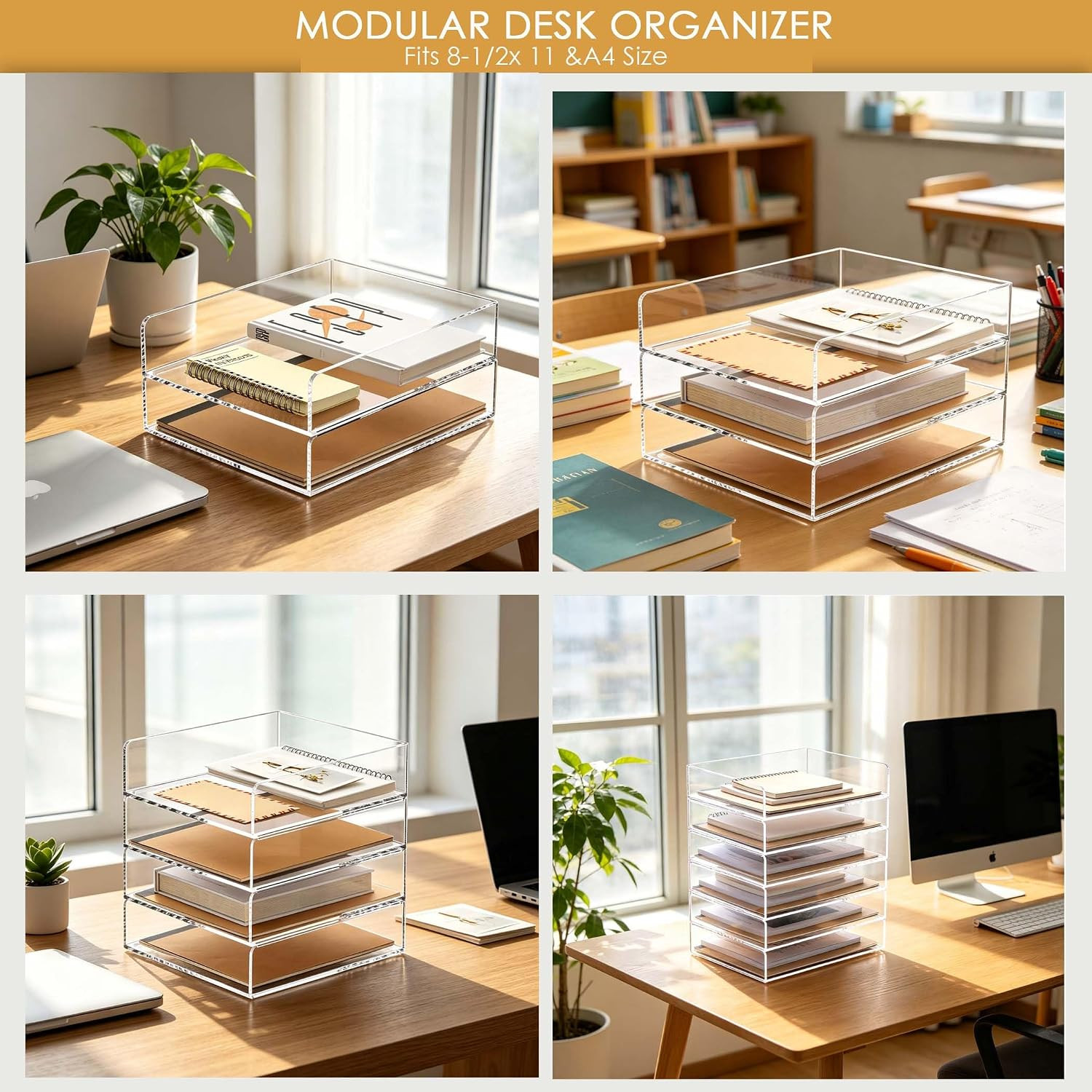 SANRUI 4 Tier Stackable Acrylic Letter Tray, 5mm Thick Clear Desk File Organizer