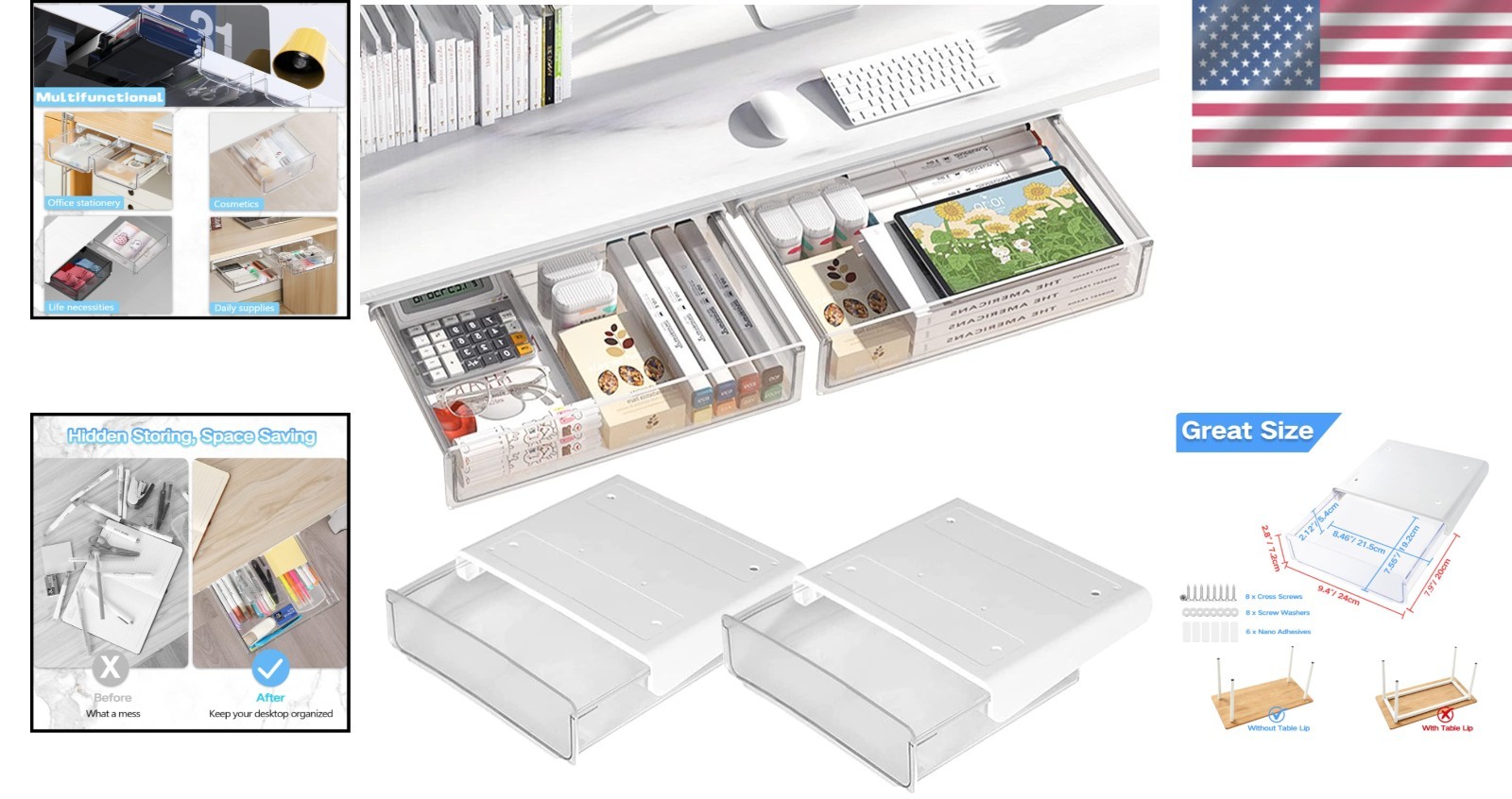 Under Desk Storage Drawers – Easy Install, Clutter-Free Solution, 2 Pack