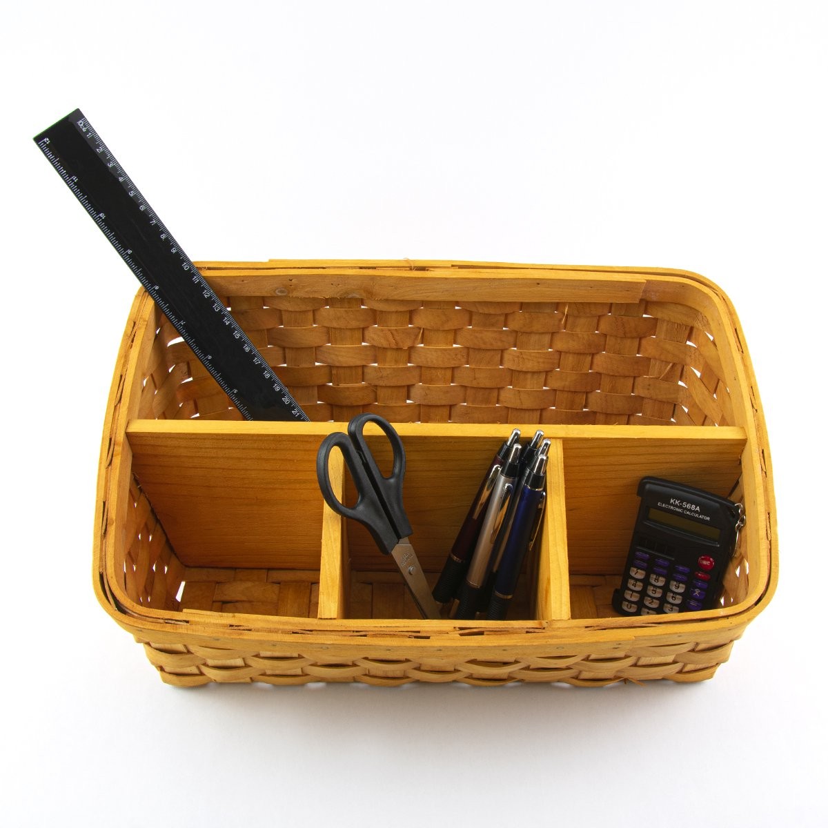 Wicker Divided Desk Organizer Caddy with Calculator, Scissors, Pens, Ruler Set