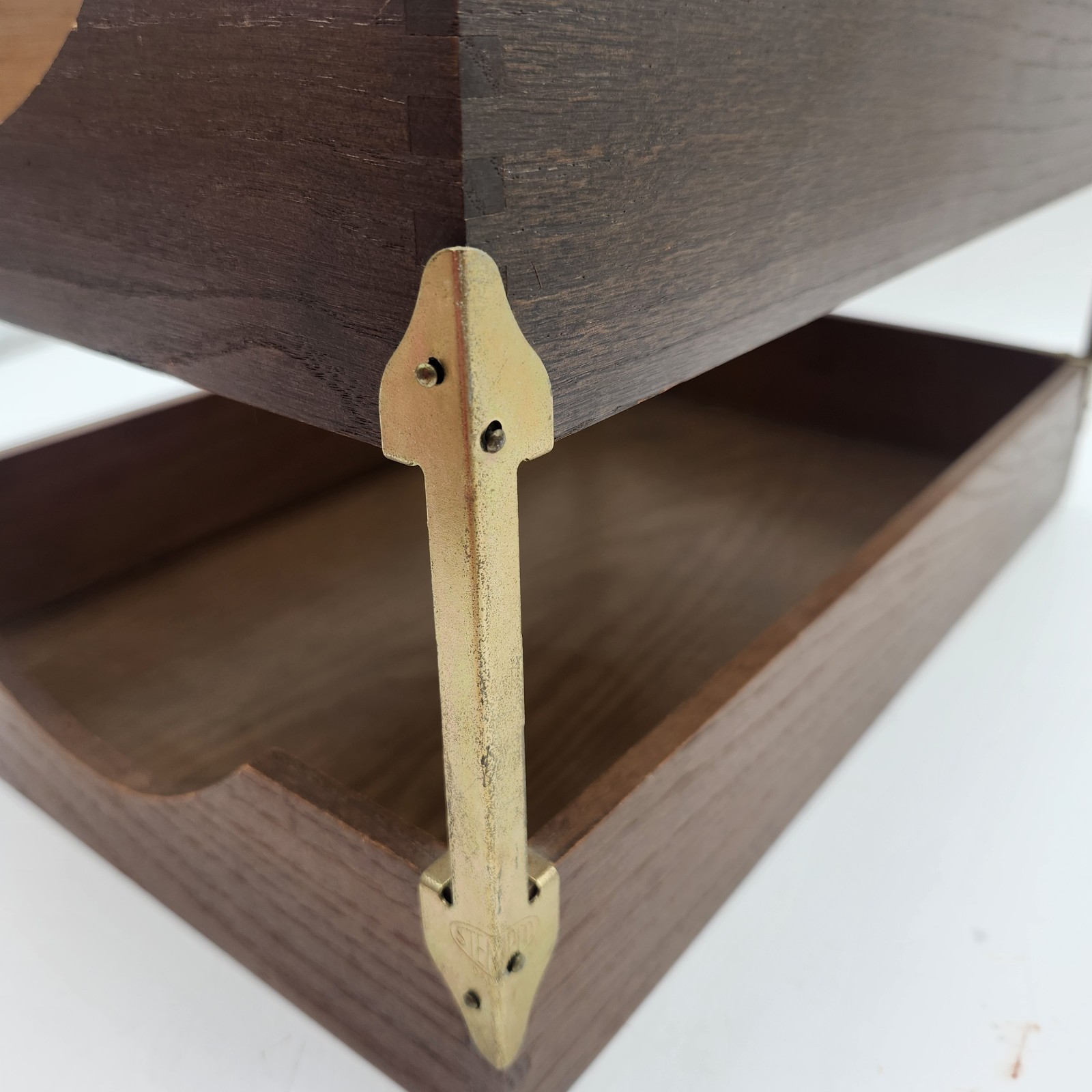 Vintage Wooden wood Stacking Letter Tray Set Brass Hardware Mid-Century dovetail