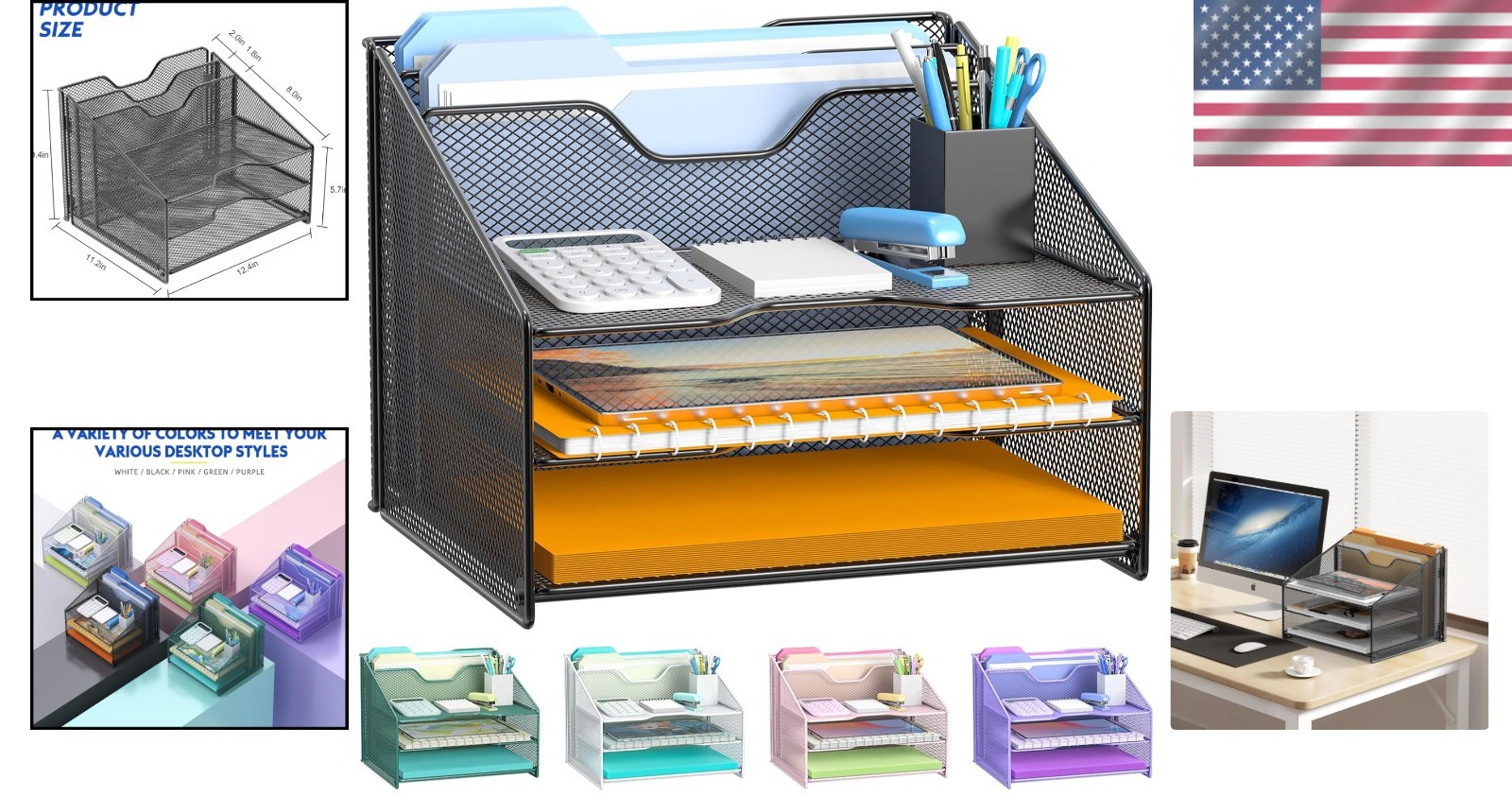 Elegant Desk Organizer: 3-Tier Letter Tray with 2 Upright Sections in Black