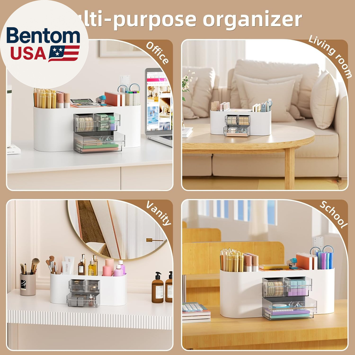 Desk Organizer Pen Holder for Desk with 3 Drawers, Multi-Functional Pencil Holde