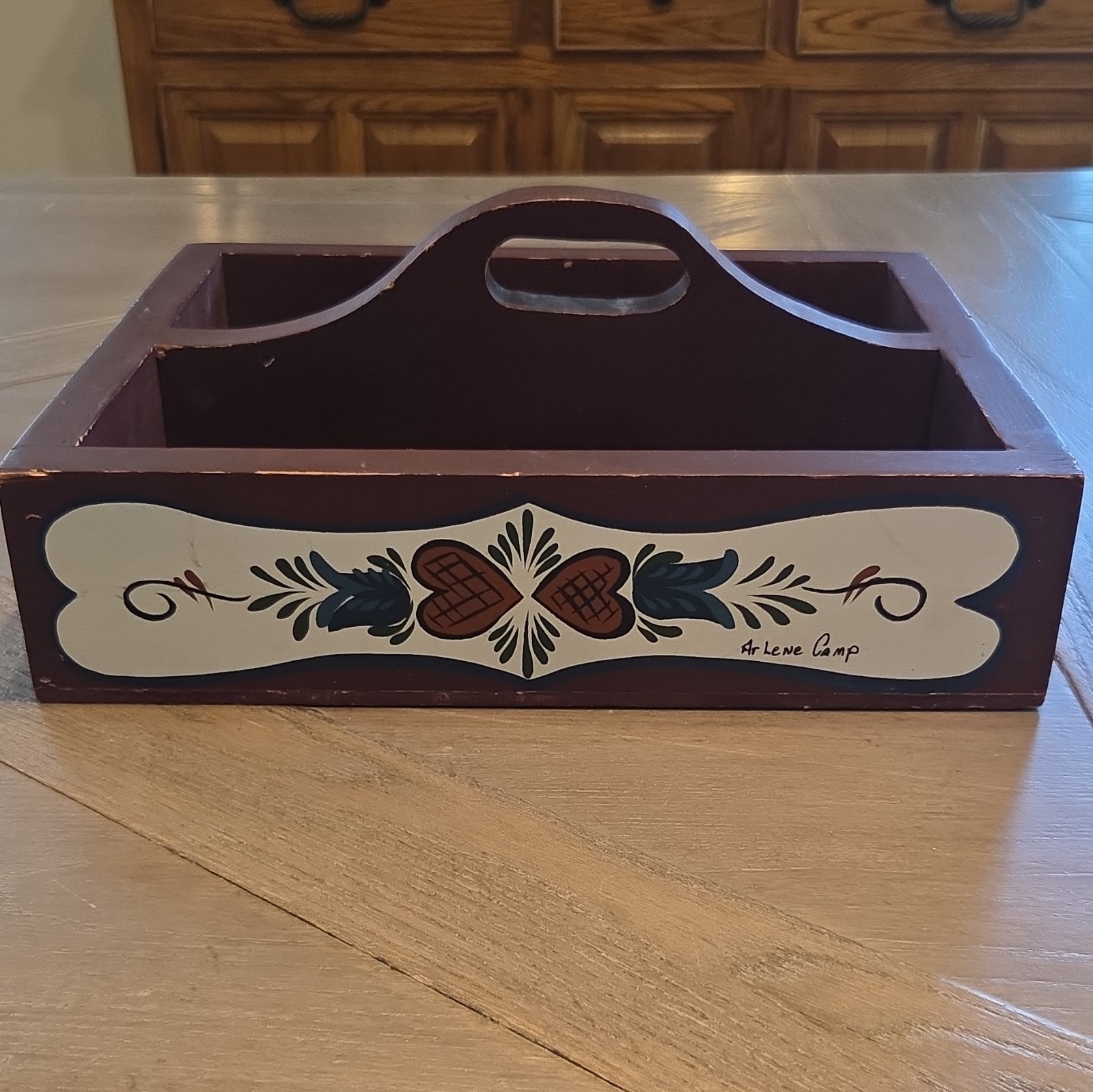 Rustic Wooden Folk Art Caddy signed Arlene Camp