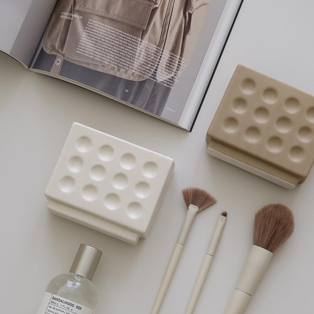 Abstract Square Pen Holder, Modern and Minimalistic Desk (Matte Crème)