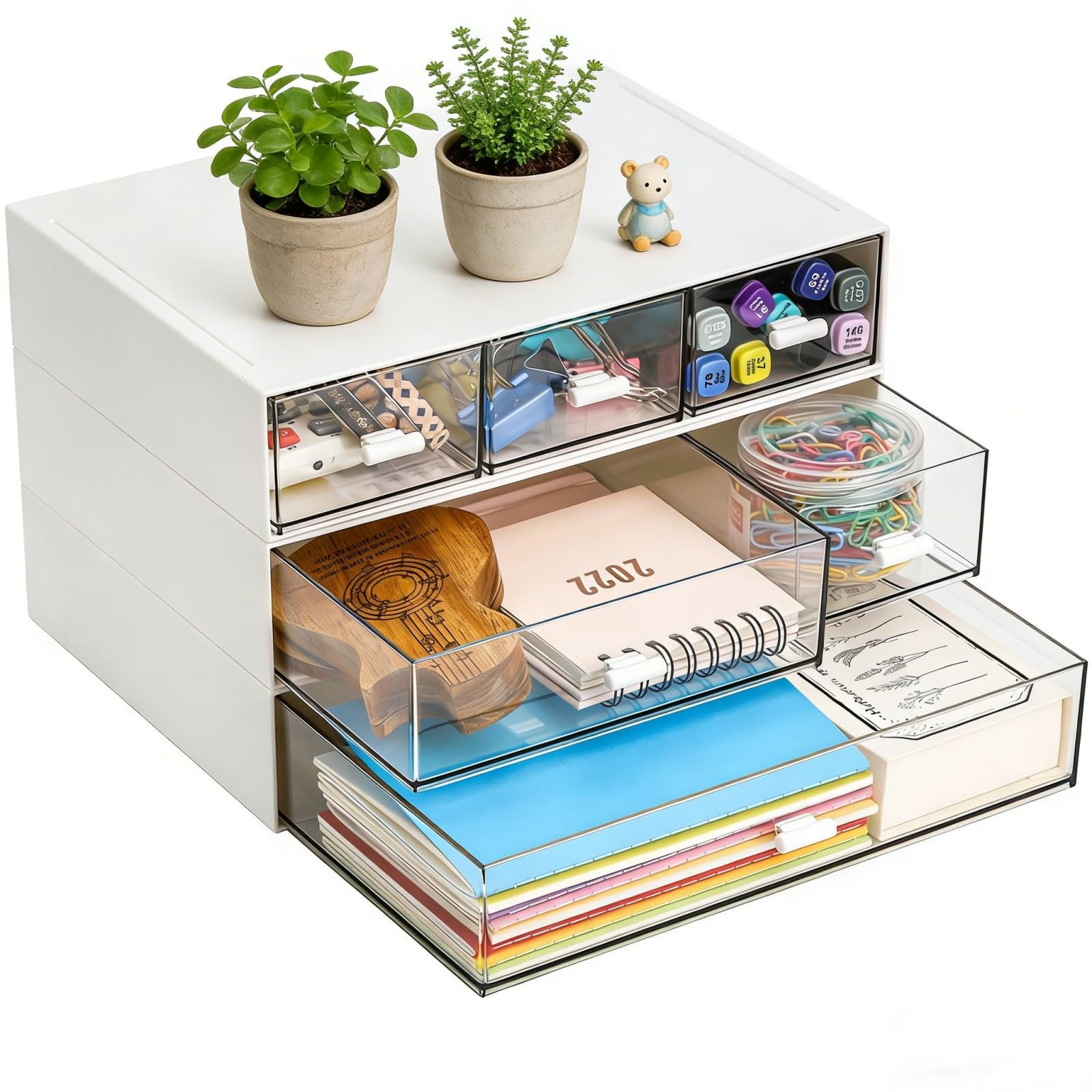Lyellfe 3 Tier Small Desk Organizer with 6 Drawer, Stackable Desktop Clear