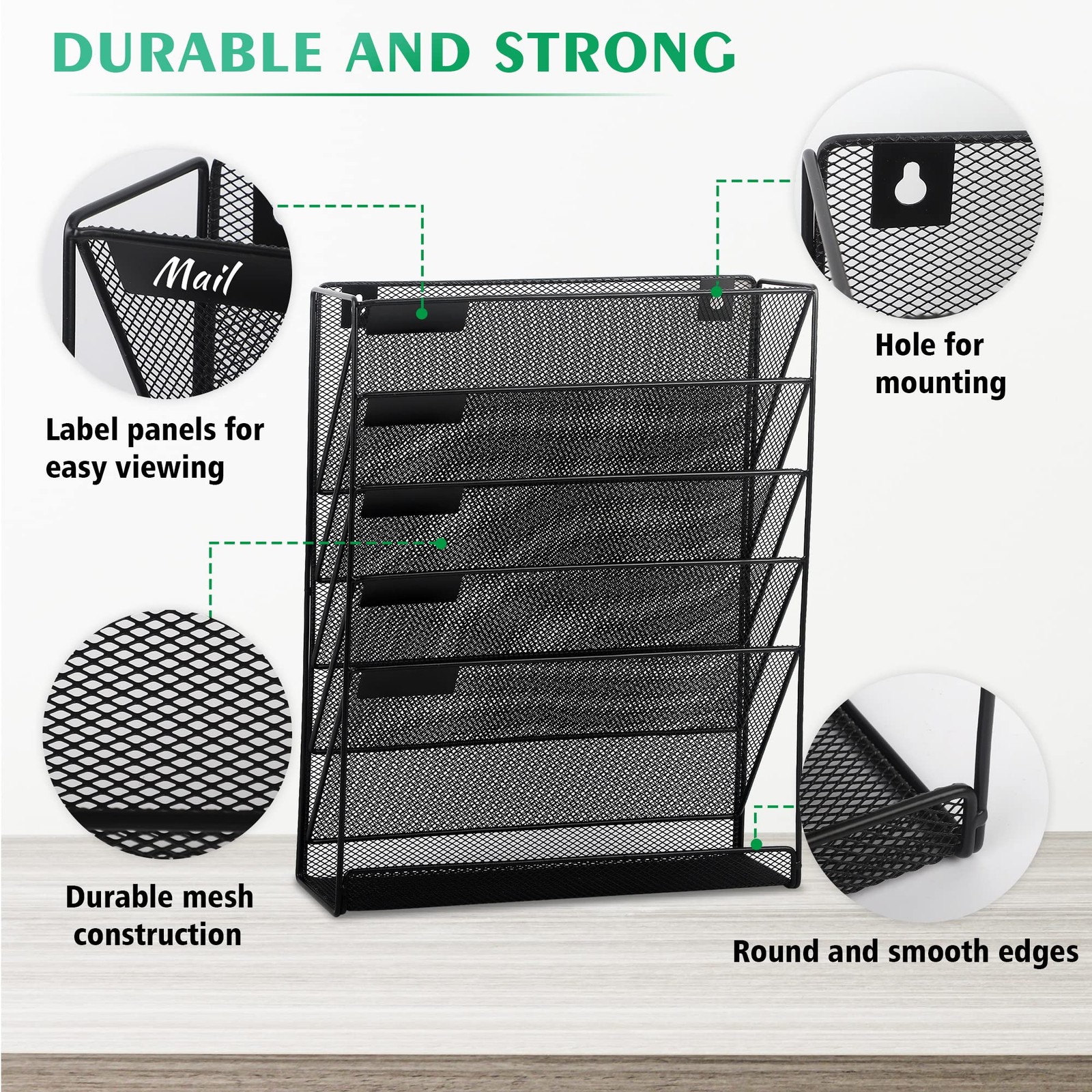 EASEPRES Desk File Organizer Mesh 6-Tier, Hanging Wall Mount 6 Tier, Black
