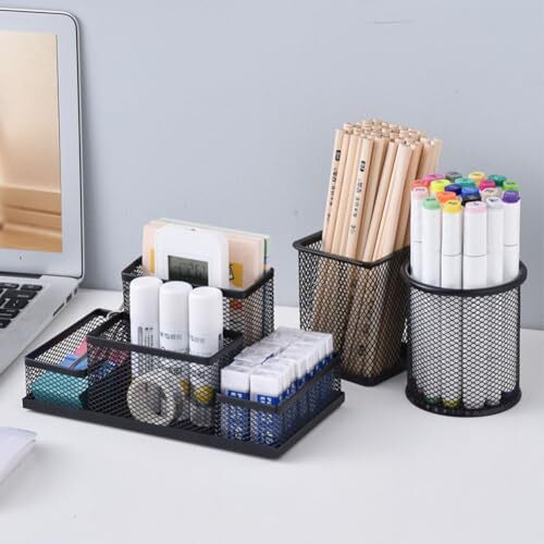 Desk Organizer Desktop Mesh Pen Pencil Holder Caddy with 4 Compartments, Black