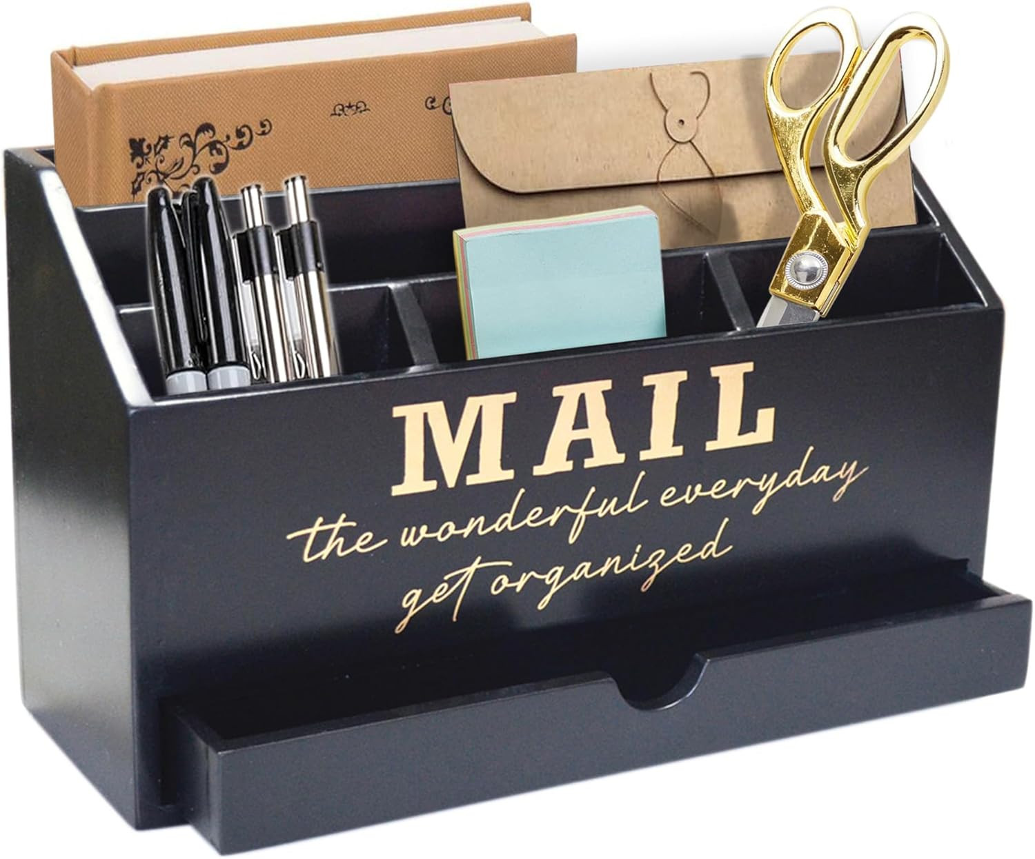 Wooden Black Rustic Countertop Mail Storage Holder with Drawer and Compartments