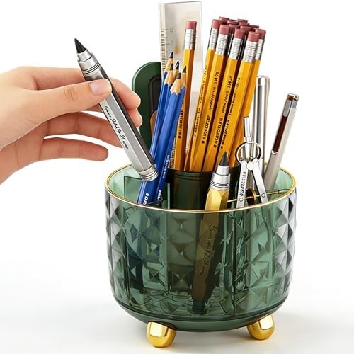 Dark Green Pen Pencil Holder for Desk, 360° Rotating Pen Organizer, Green Office