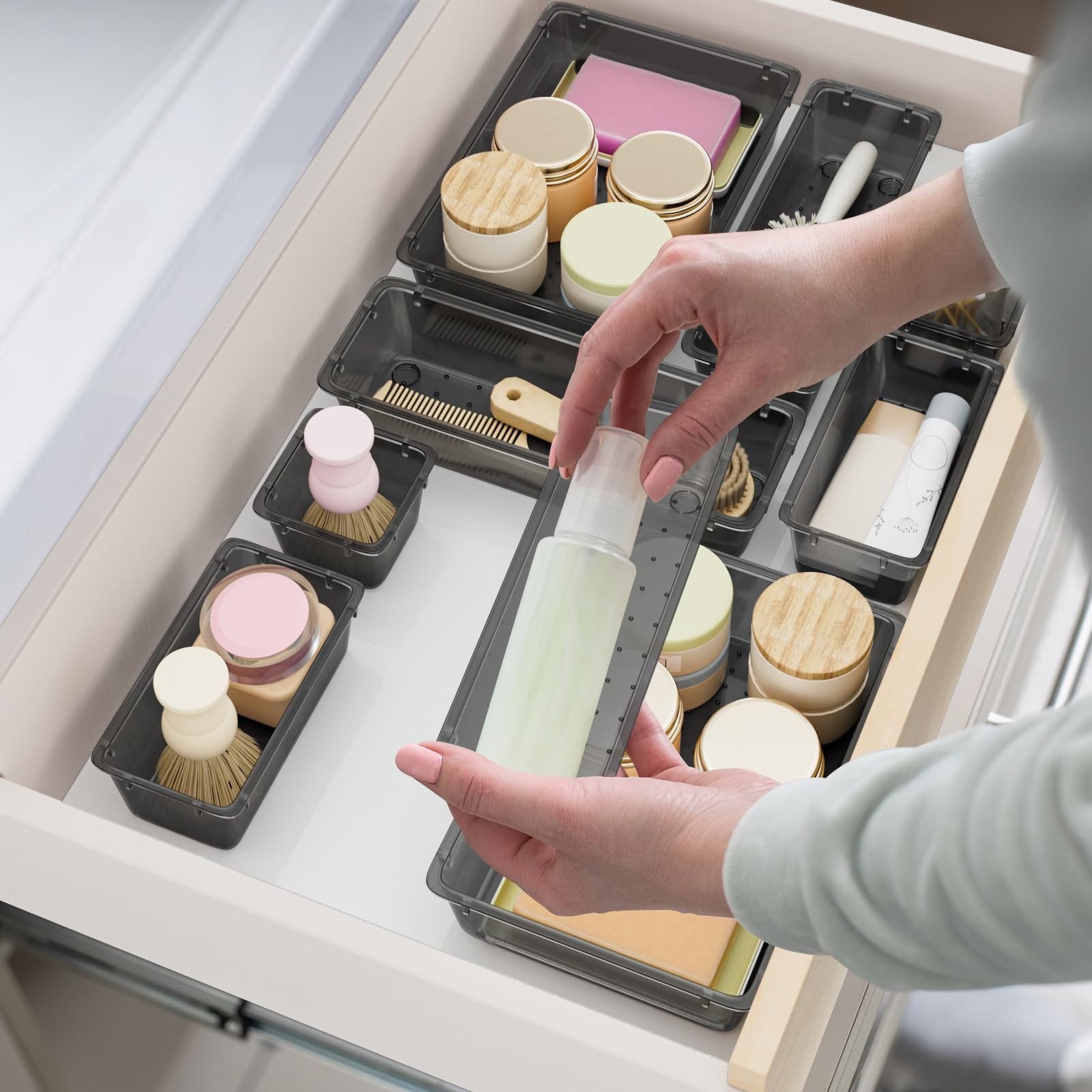 15 PCS Clear Plastic Drawer Organizer Set, 4-Size Acrylic Drawer Storage Tray…