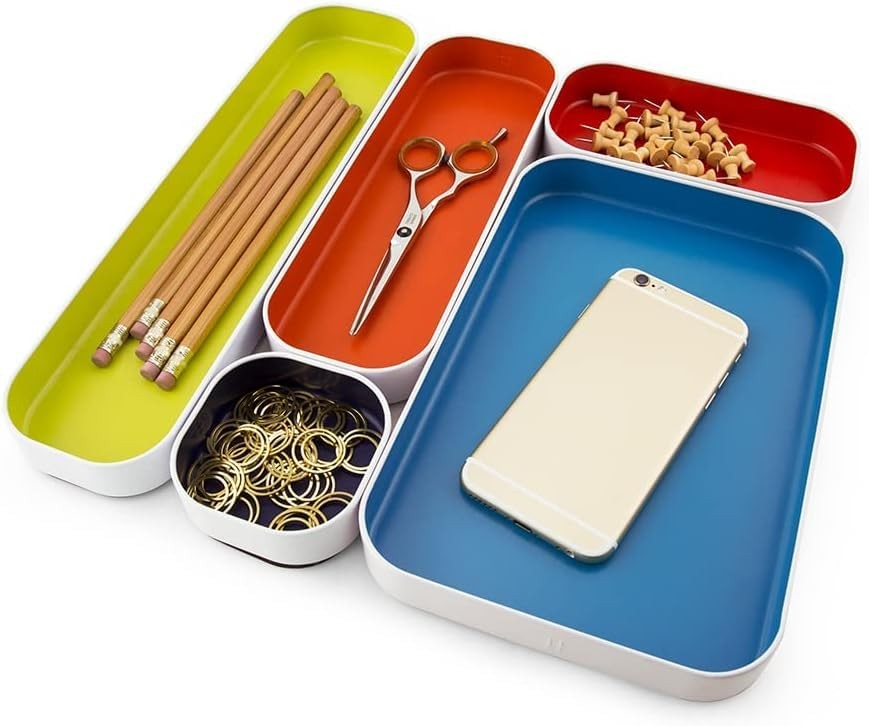 5 Piece Shallow Metal Organizer Tray Set for Storing Makeup, Stationery, Uten…