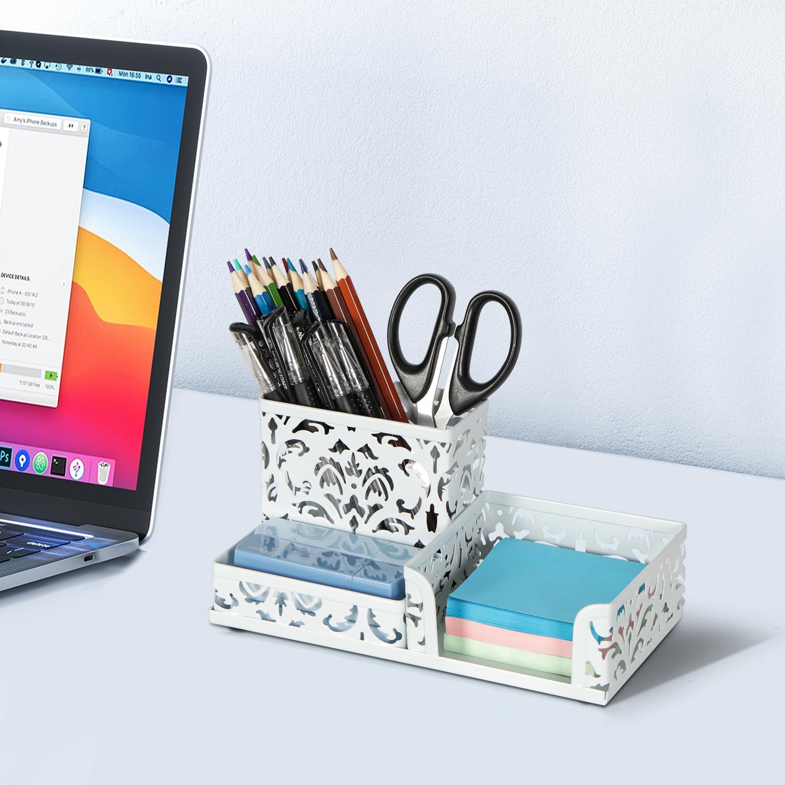 Desk Organizer 3 Compartment Pen Holder Sticky Note Tray White