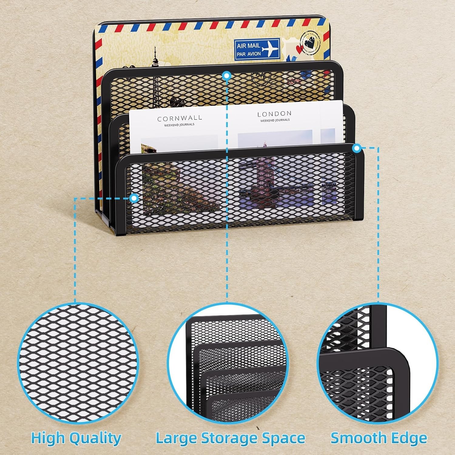 Mail Organizer for Desk, 3-Slot Mesh Metal Mail Holder countertop, Letter Holder