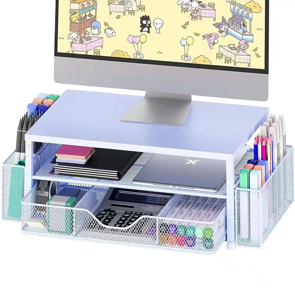Blue 15.5 In. X 6.3 In. Metal Modern Desk Organizers with Drawer and 2 Pen Holde