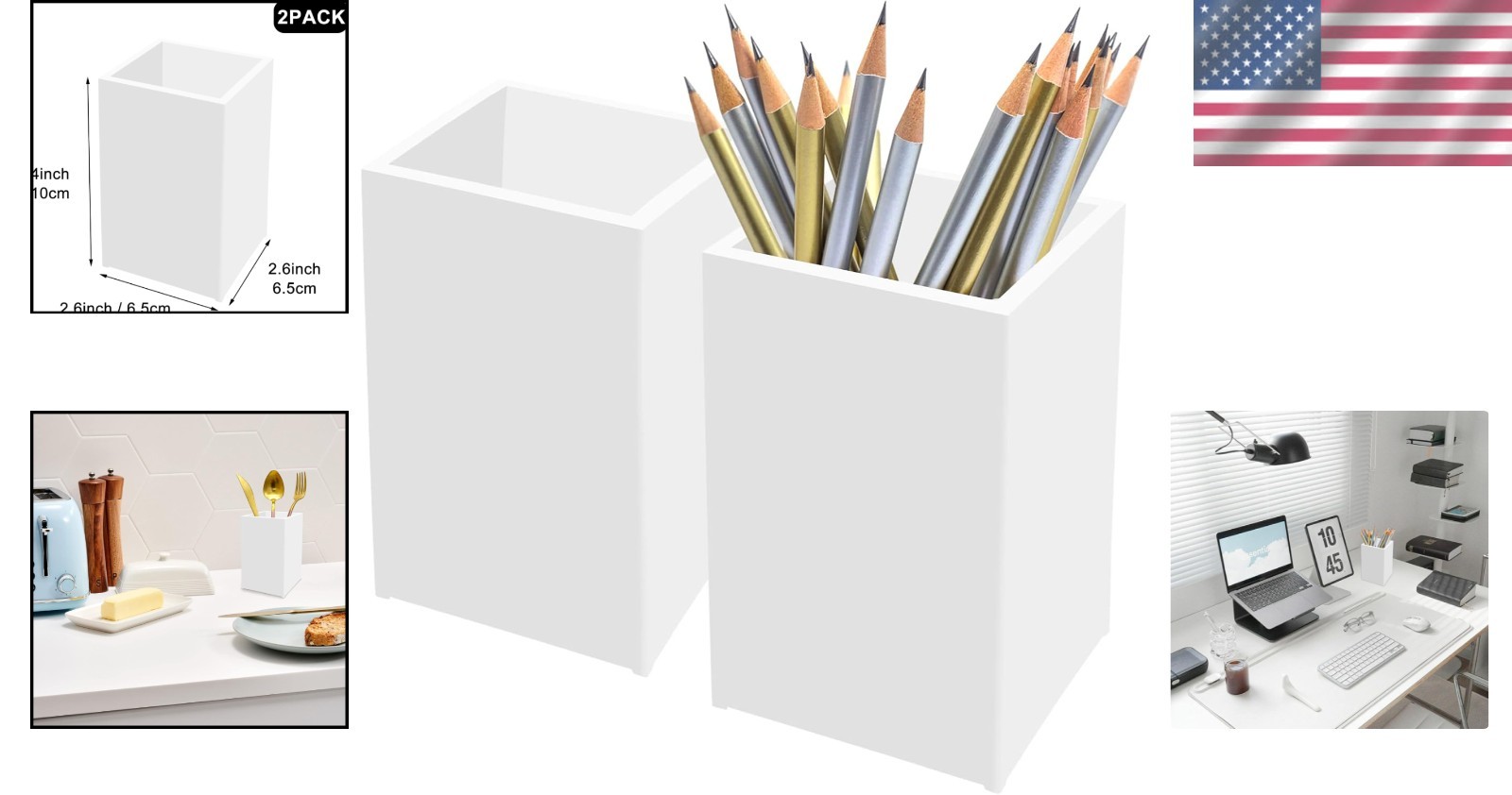 Space-Saving 2 Pack White Acrylic Pen & Brush Holders – Modern Office Accessory
