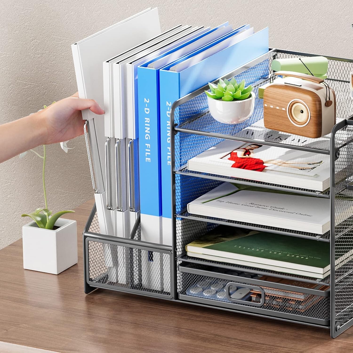 5-Tier Metal File Letter Tray Organizer with Drawer for Office Supplies Grey