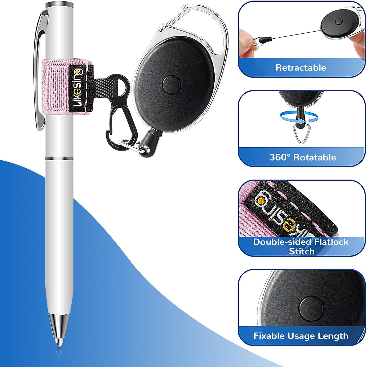 Likesing 4 Black Retractable Pen Holder, 27.5″ Reel Elastic Pen Leash Retractabl
