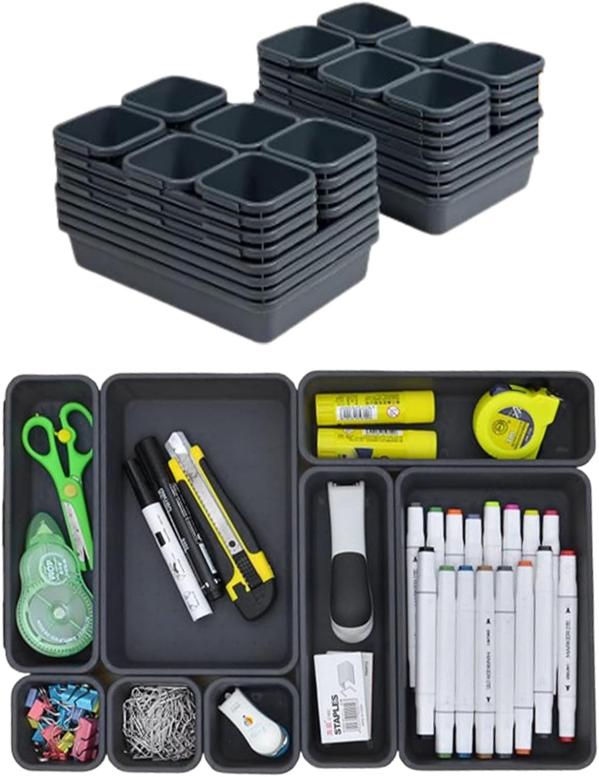 Interlocking Desk Drawer Organizer Set 64 Pieces Plastic Grey Multiple Sizes